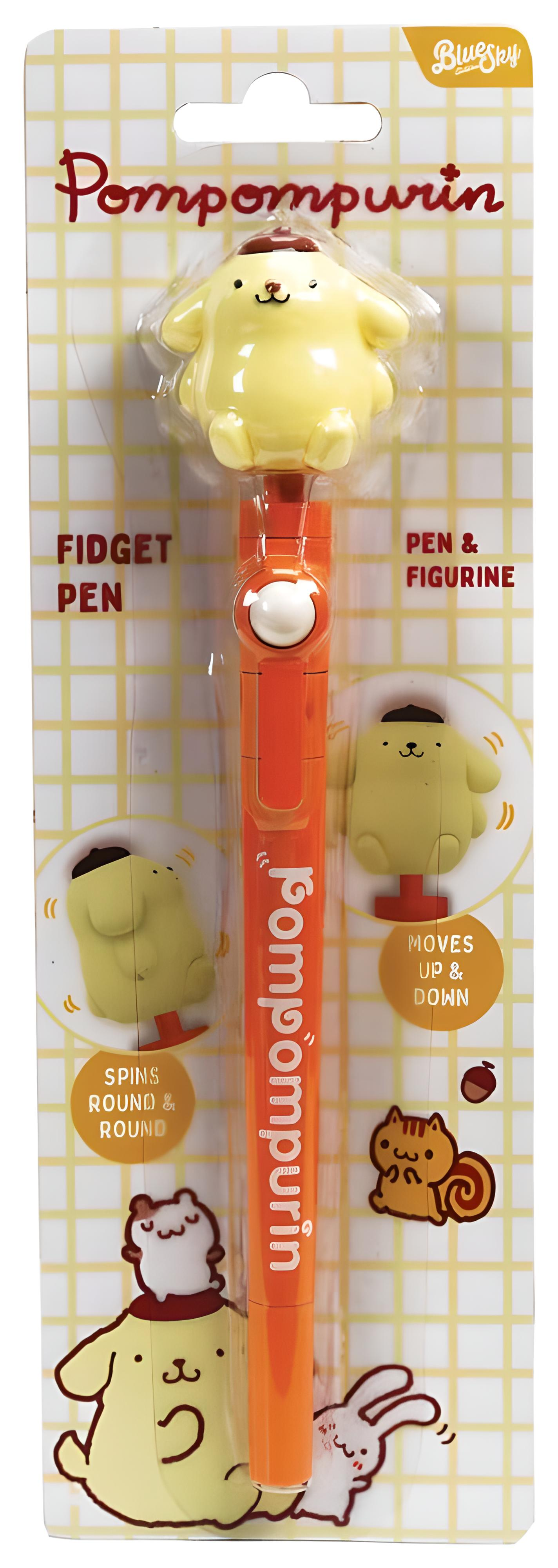 Verpackter Pompompurin Fidget-Kugelschreiber mit gelber Figur auf orangem Gehäuse.
