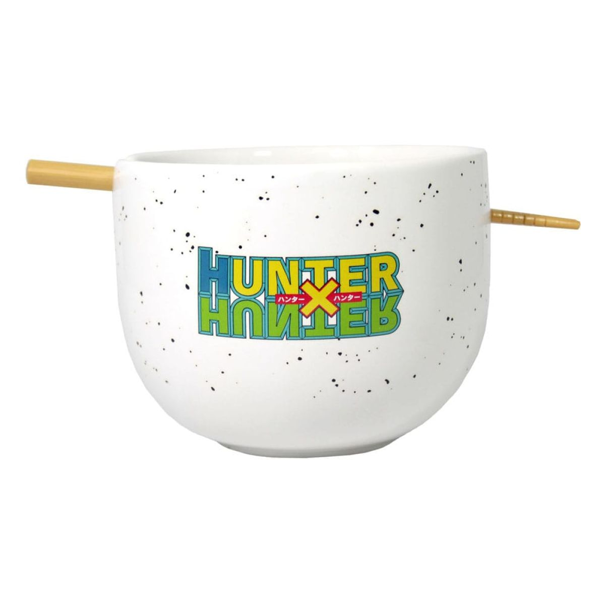 Bol blanco con motas negras, logotipo de Hunter x Hunter y palillos cruzados en los lados.