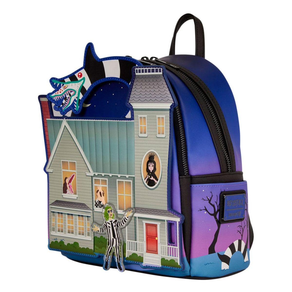 Mochila pequeña azul y morada de Beetlejuice con la casa, personajes y detalles de gusano de arena.
