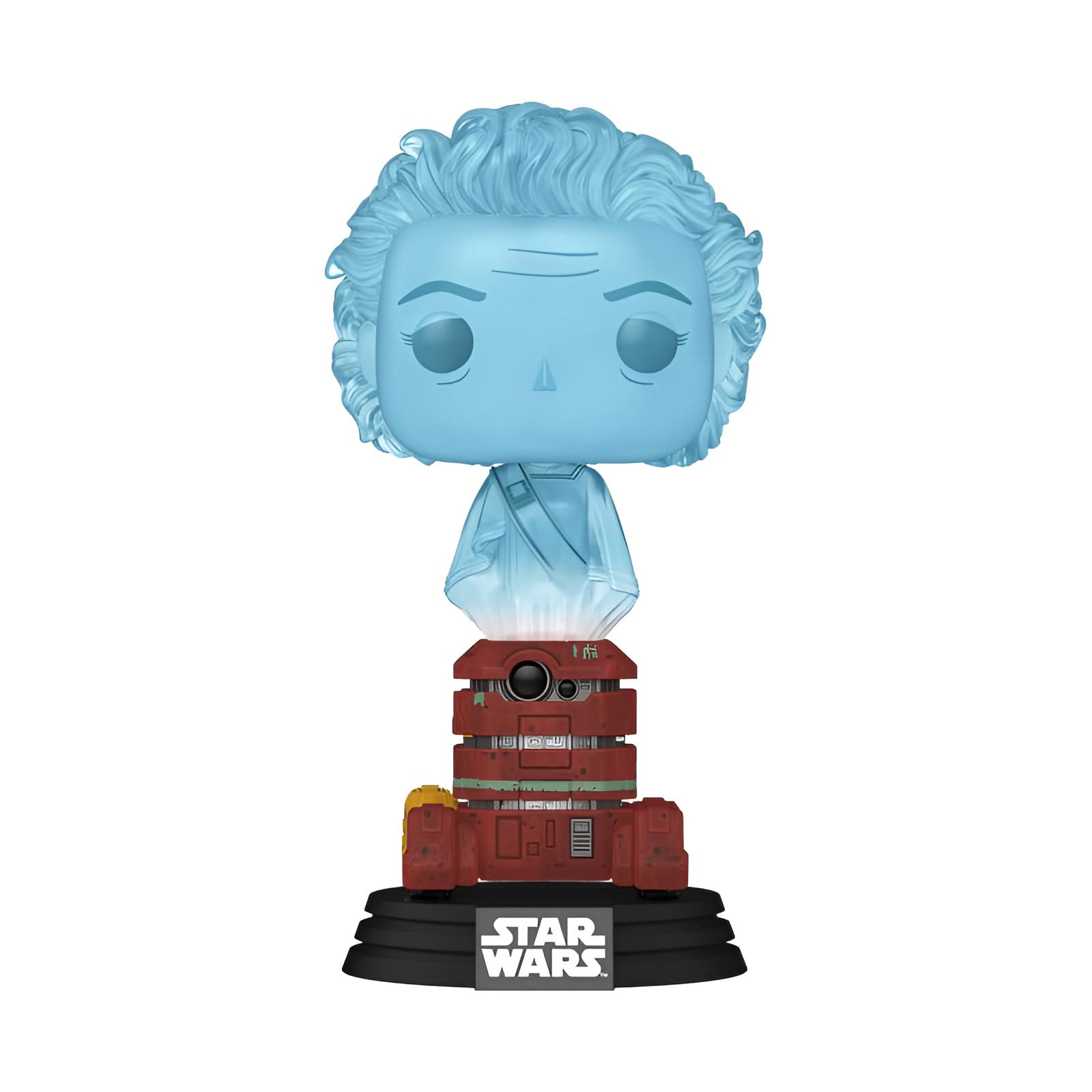 Star Wars Funko Pop Figur mit blauer Hologrammfigur über rotem Droiden auf schwarzem Sockel.