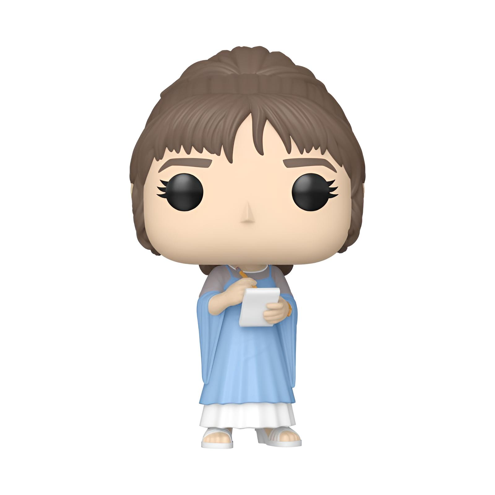 Una figura de vinilo Funko Pop con cabello castaño, vestido azul y falda blanca sosteniendo un bolígrafo y una libreta.