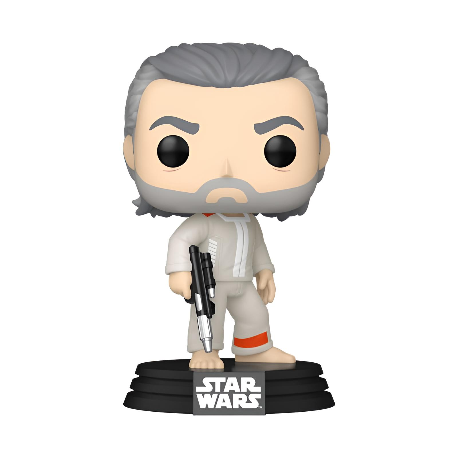 Figura Funko Pop de Star Wars con cabello gris, barba, traje blanco y un bláster sobre una base negra.