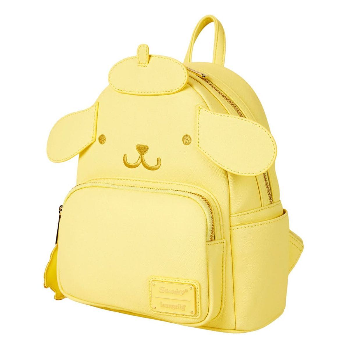 Mochila pequeña amarilla Loungefly con diseño de Pompompurin, orejas caídas, boina y cara bordada.