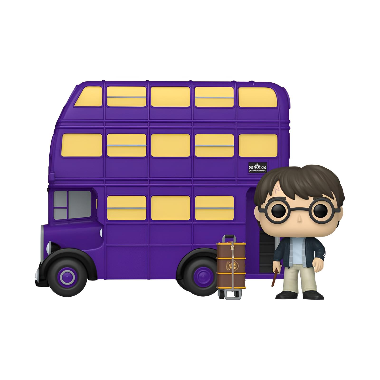 Figura de Harry Potter junto al autobús morado de tres pisos y un baúl.