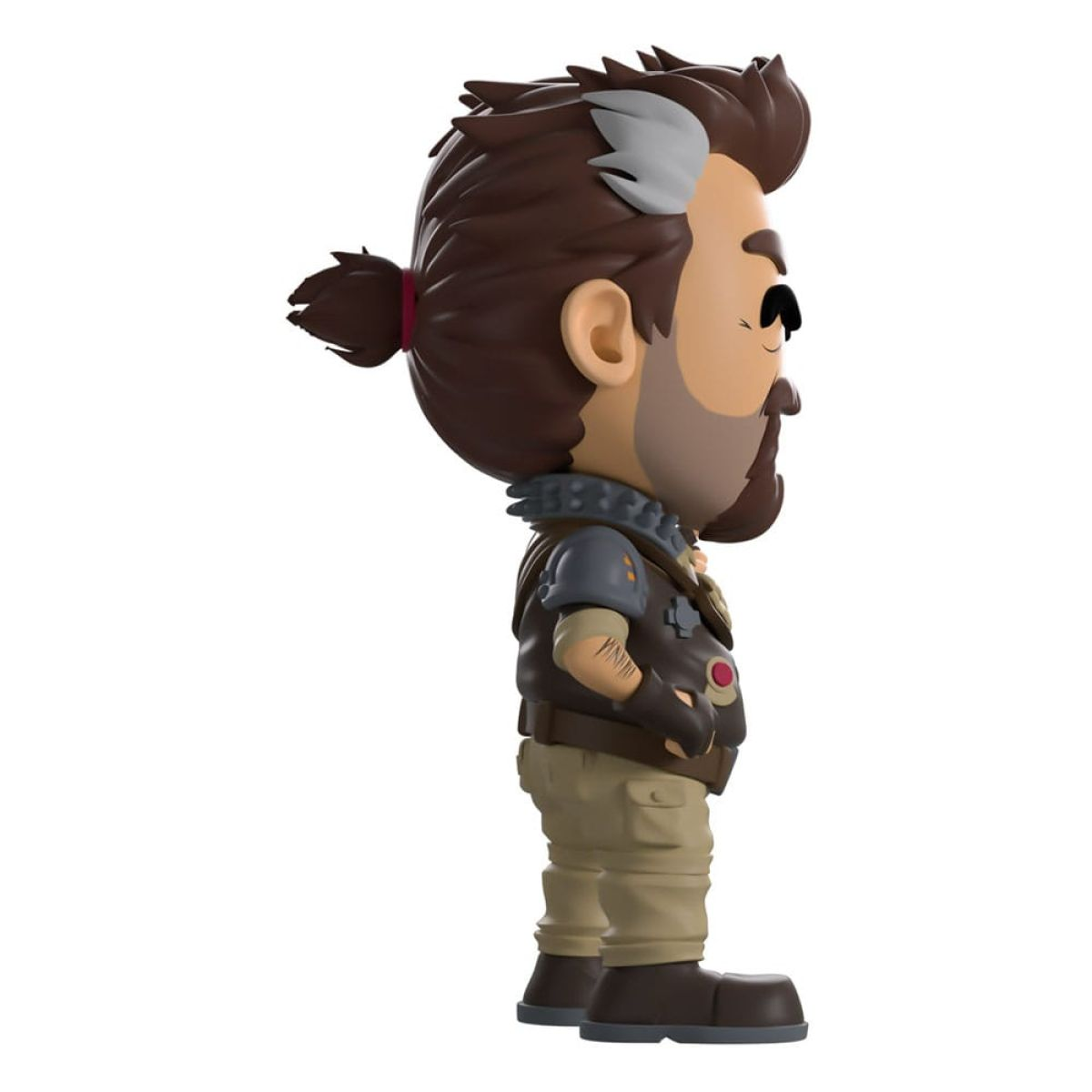Seitenansicht einer Vinyl-Figur mit braunem Dutt, Bart, Stachelhalsband und taktischer Kleidung.
