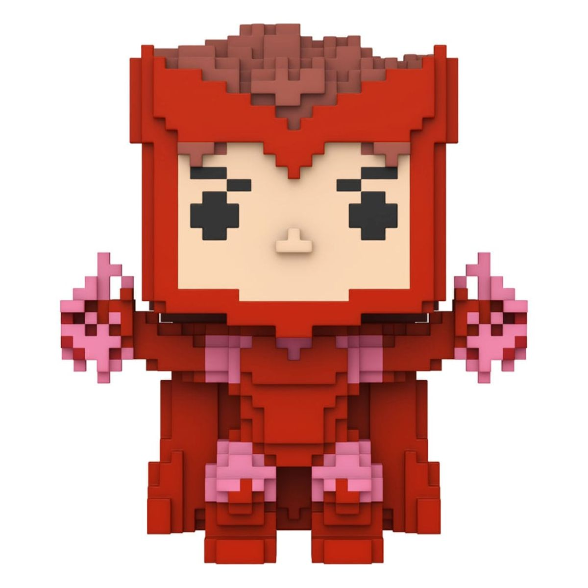 Eine pixelige rote Figur mit Umhang und Krone auf weißem Hintergrund.