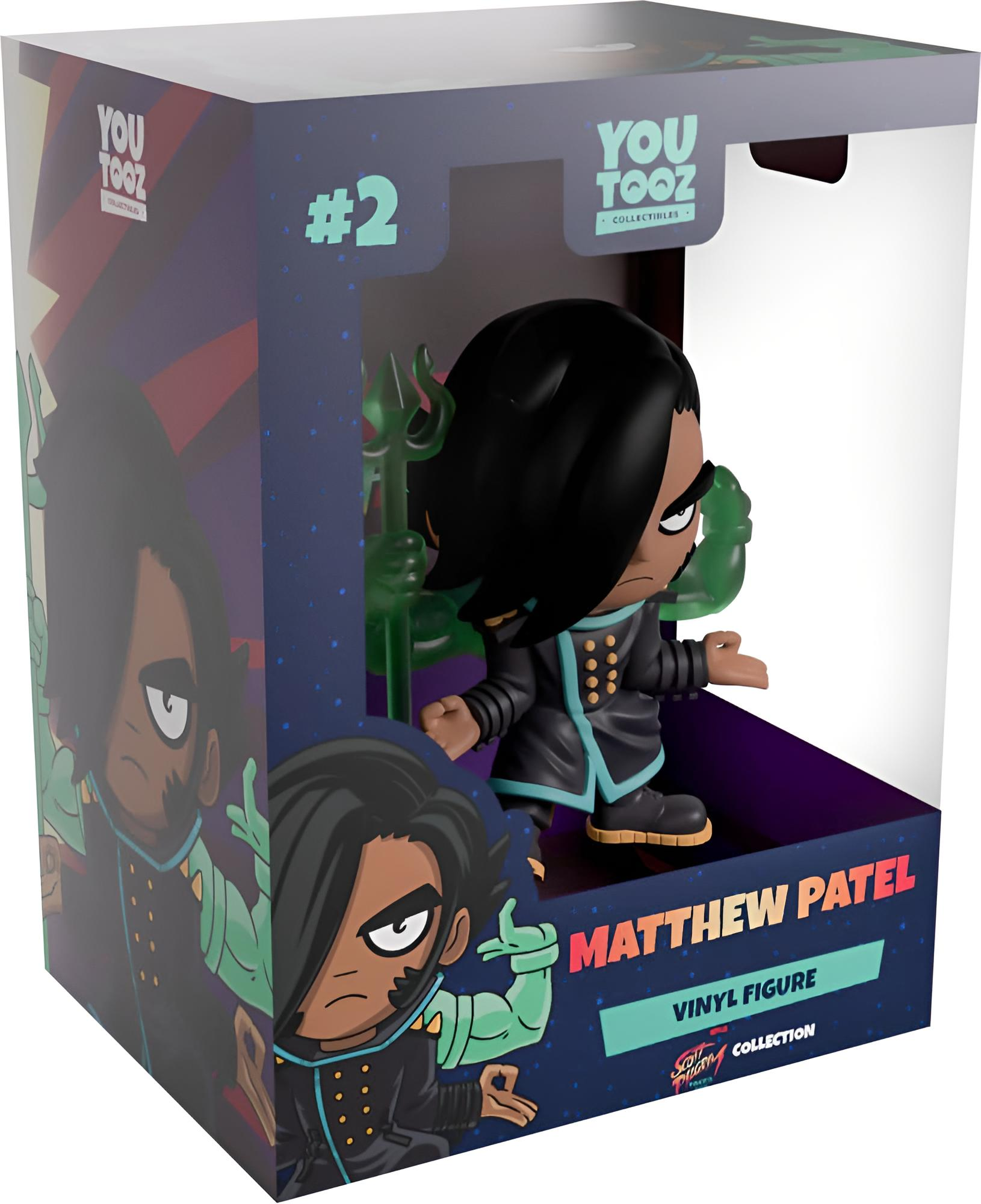 Matthew Patel Vinylfigur von Youtooz in dekorierter Fensterbox mit Charaktergrafiken.