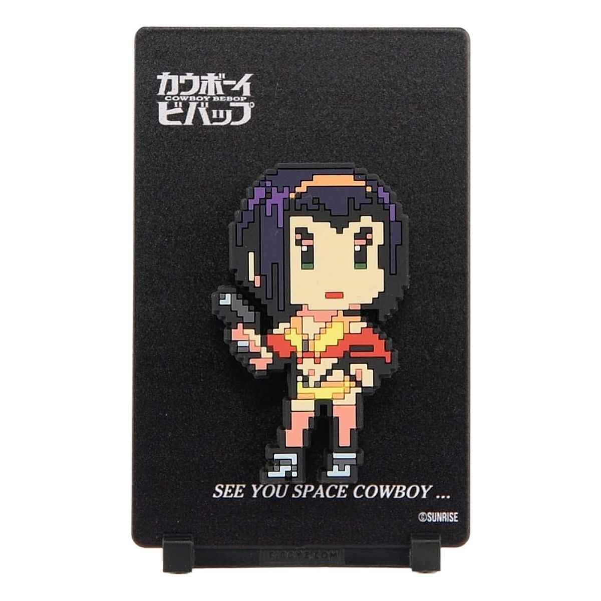 Pixel-Art-Magnet von Faye Valentine aus Cowboy Bebop auf schwarzer Karte mit dem Schriftzug See You Space Cowboy.