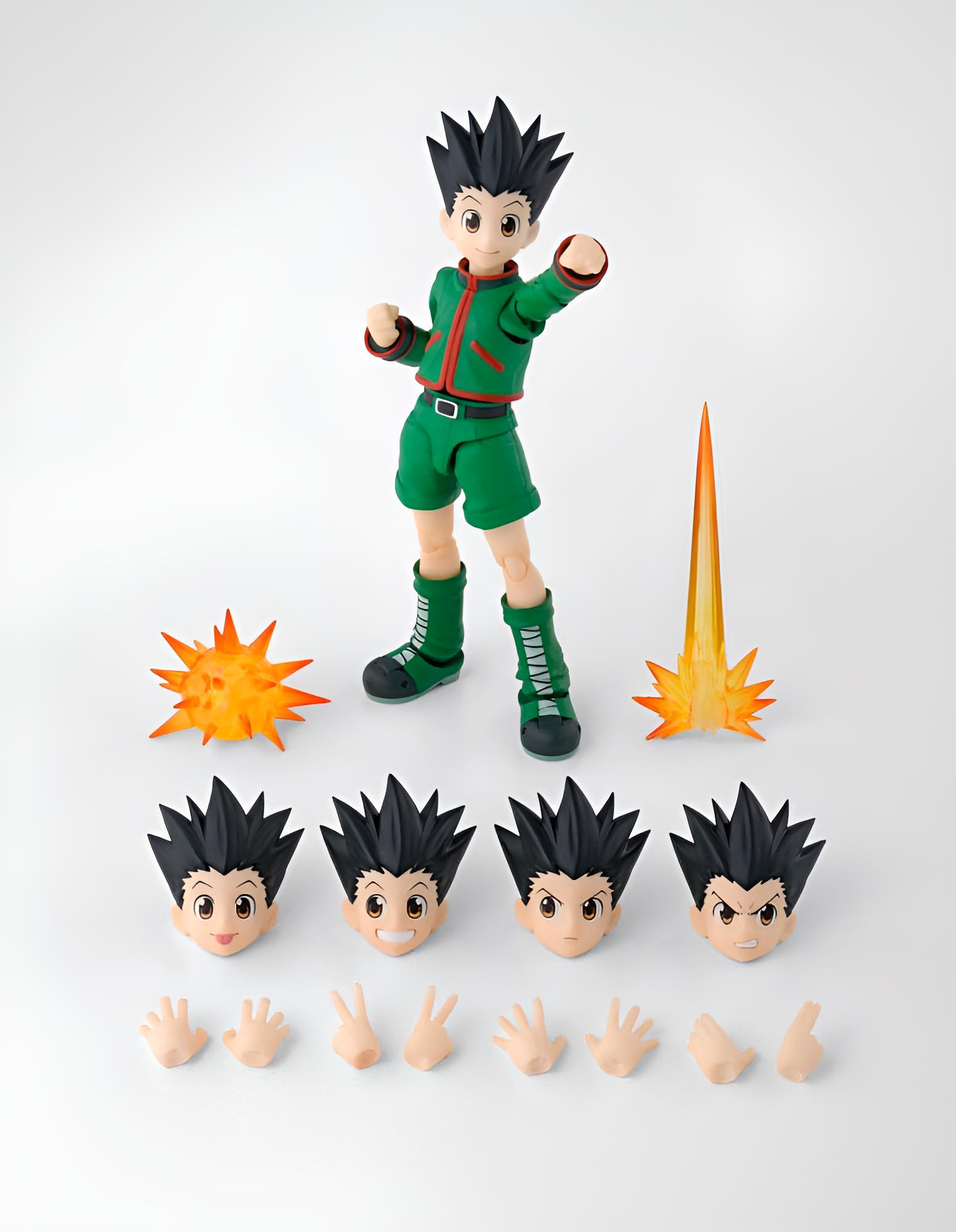 Actionfigur von Gon Freecss mit austauschbaren Gesichtern, Händen und Effekten auf weißem Hintergrund.