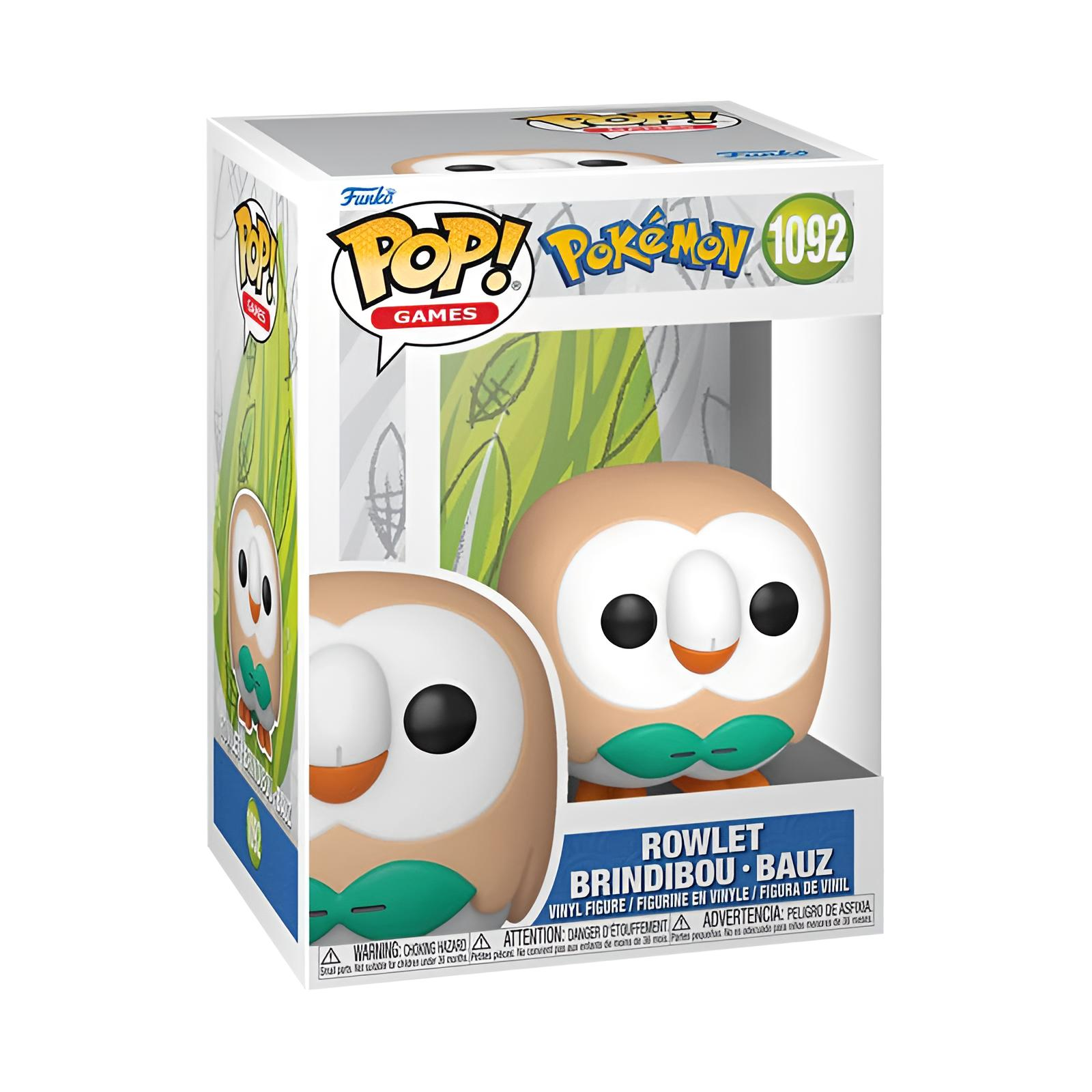 Eine Funko Pop! Spiele-Sammelbox mit einer Rowlet Pokémon-Vinylfigur in einer weißen Box mit transparentem Fenster.