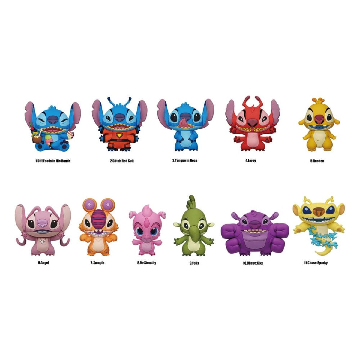 Elf verschiedene farbige Stitch-Figuren mit Namen wie Leroy, Angel und Sparky auf weißem Hintergrund.