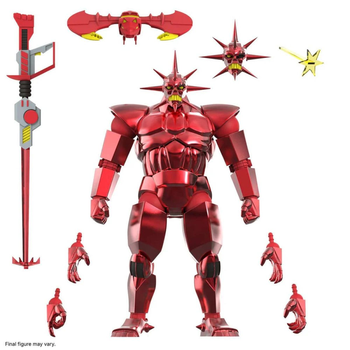 Una figura de acción roja con armadura brillante, casco y accesorios intercambiables sobre fondo blanco.