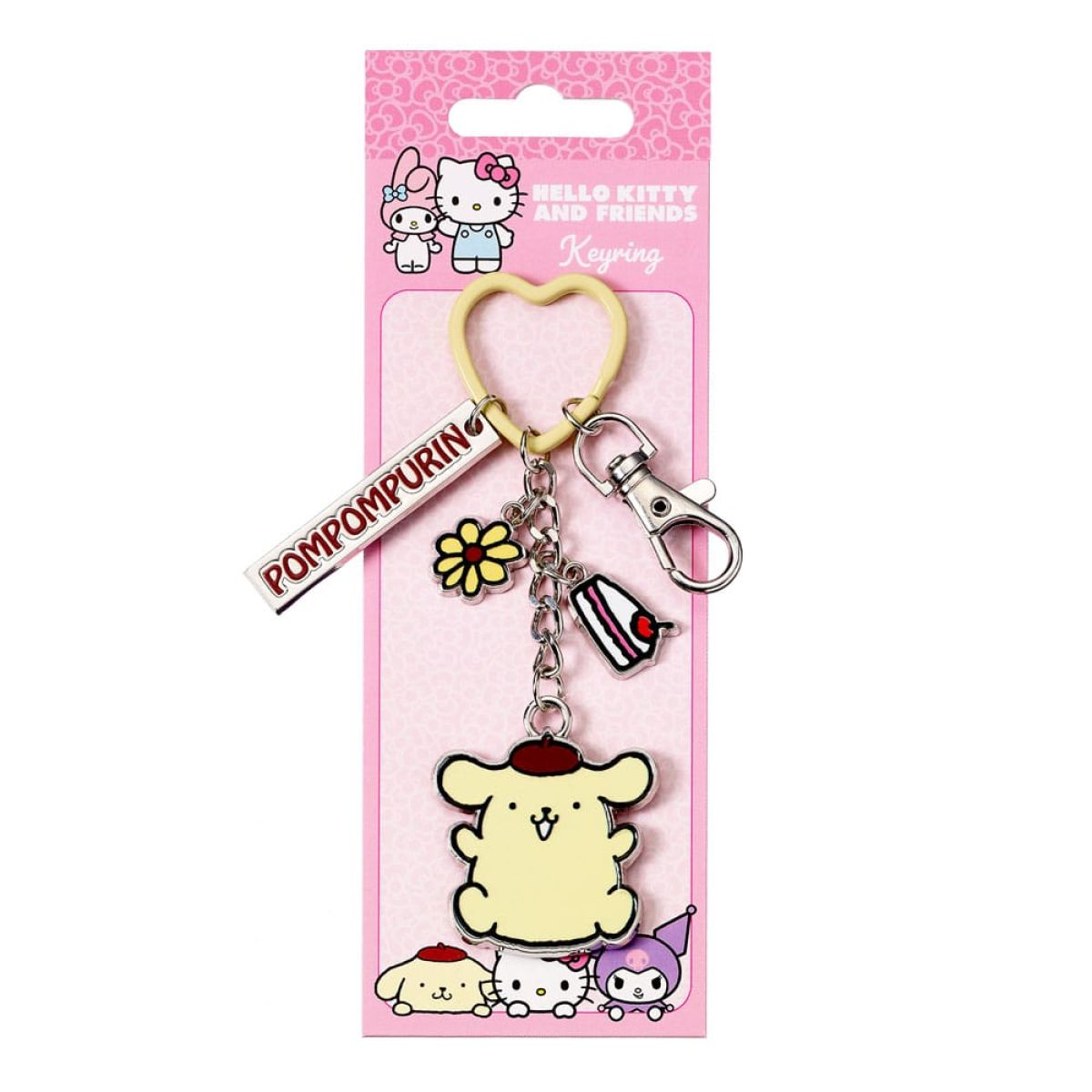 Llavero de Pompompurin de Hello Kitty y sus amigos en tarjeta rosa.