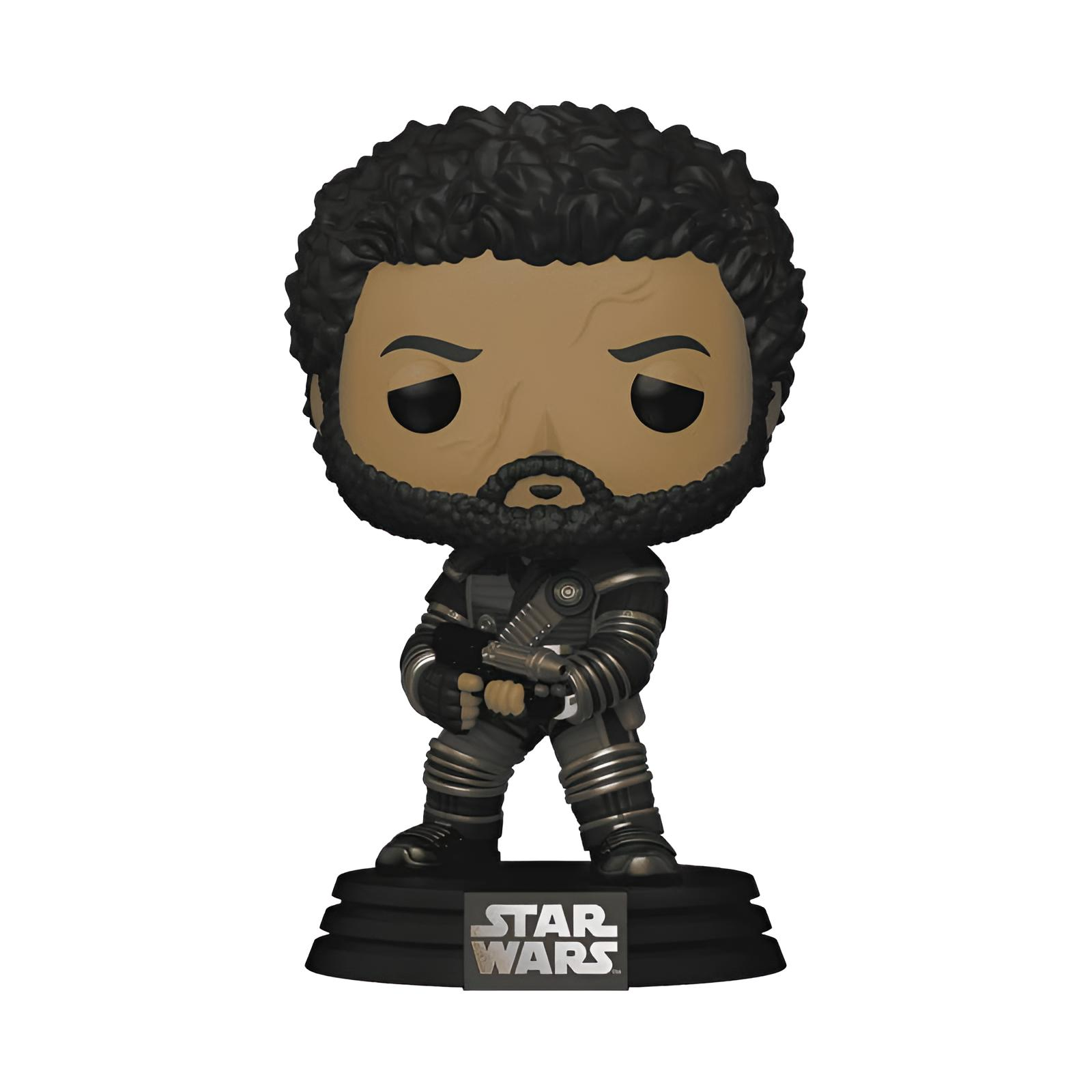 Una figura Funko Pop de Star Wars de Saw Gerrera con cabello negro, barba y armadura, sosteniendo un bláster.