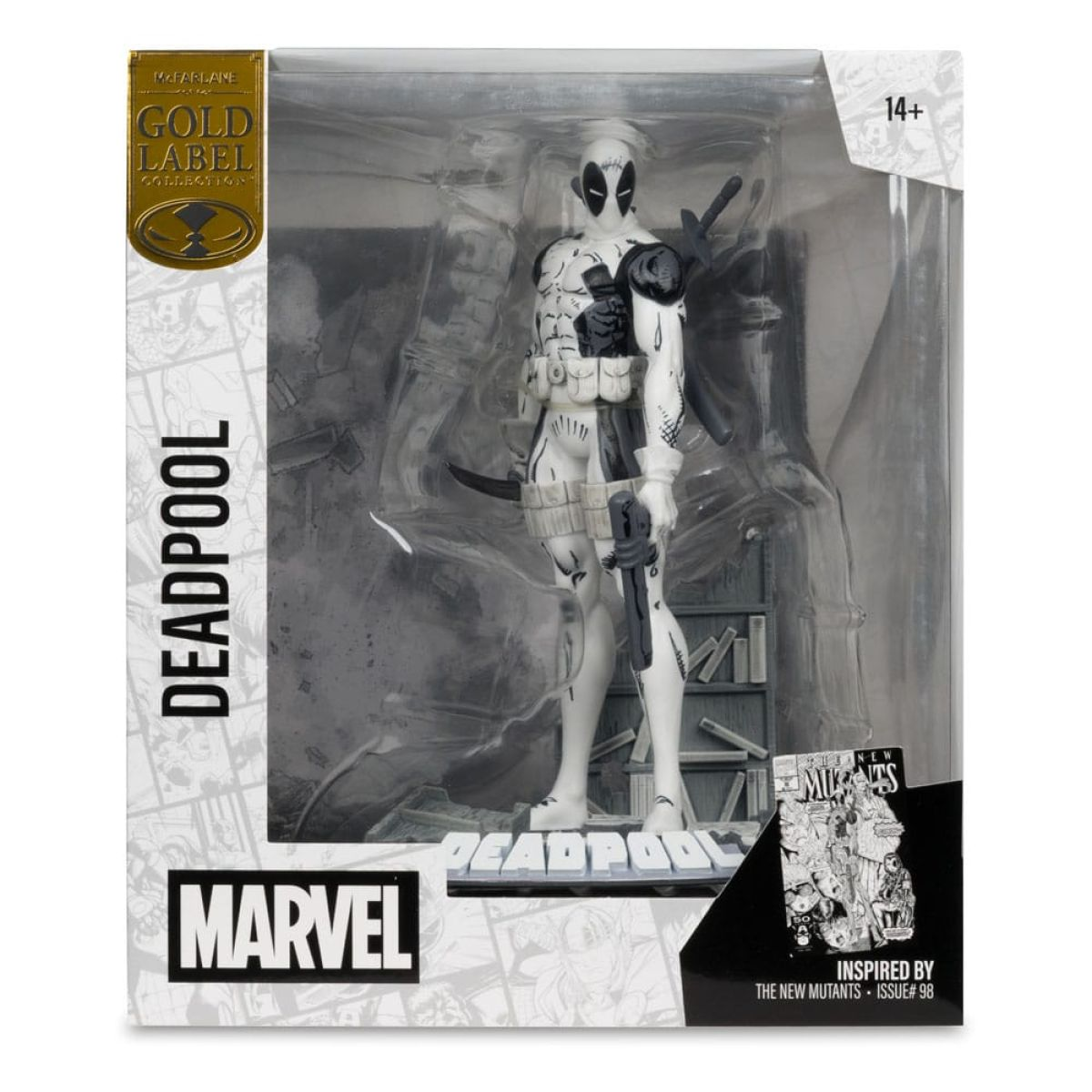 Una figura de acción de Deadpool en blanco y negro en su caja de colección con espadas y pistola.