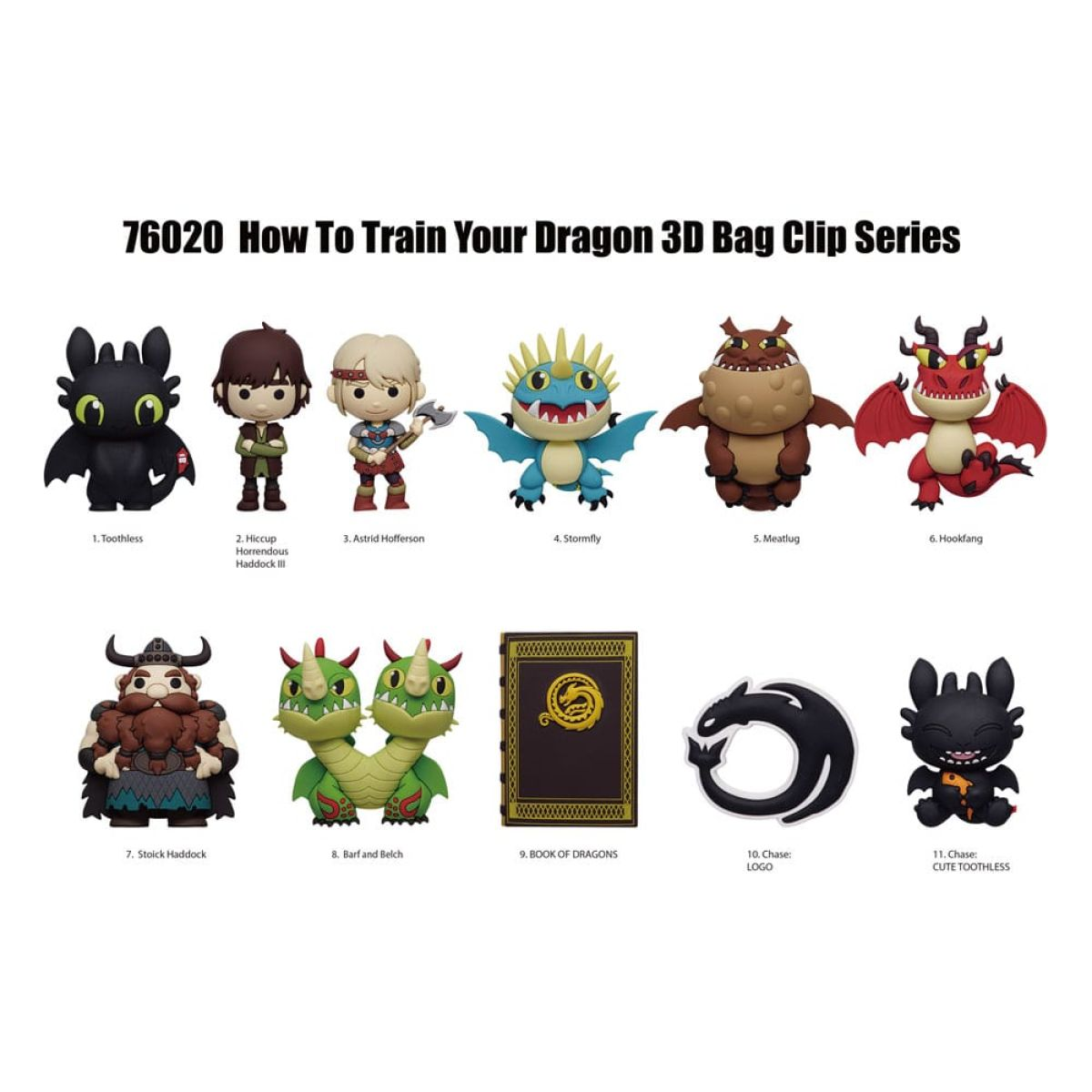 Catálogo de productos que muestra once clips de bolso 3D y personajes de Cómo entrenar a tu dragón.