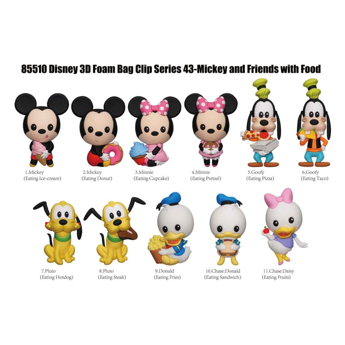 Once clips de espuma 3D de Disney con Mickey y sus amigos comiendo diferentes alimentos.