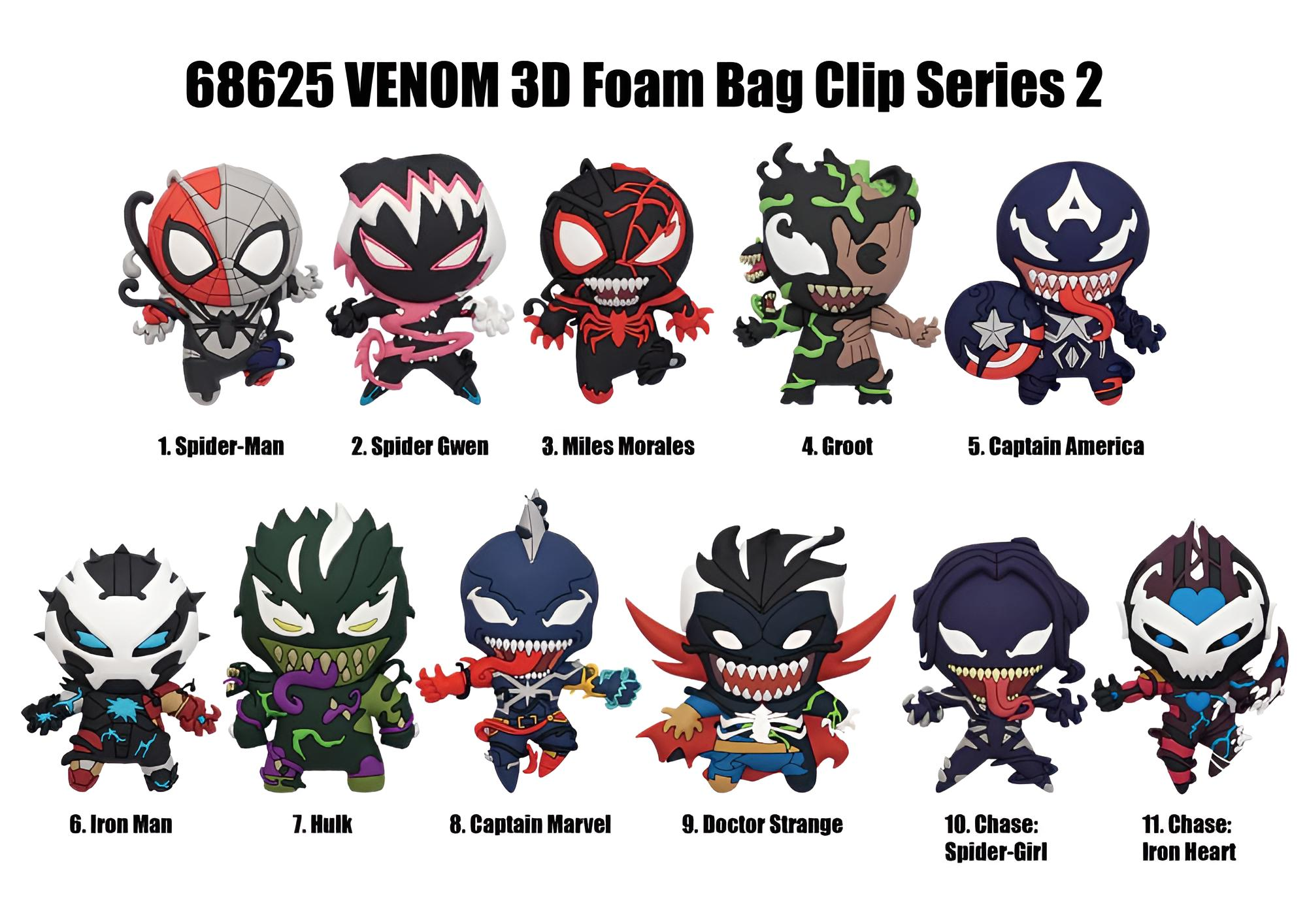 Once clips de espuma 3D con temática de Venom de personajes de Marvel, numerados y etiquetados de Spider-Man a Iron Heart.