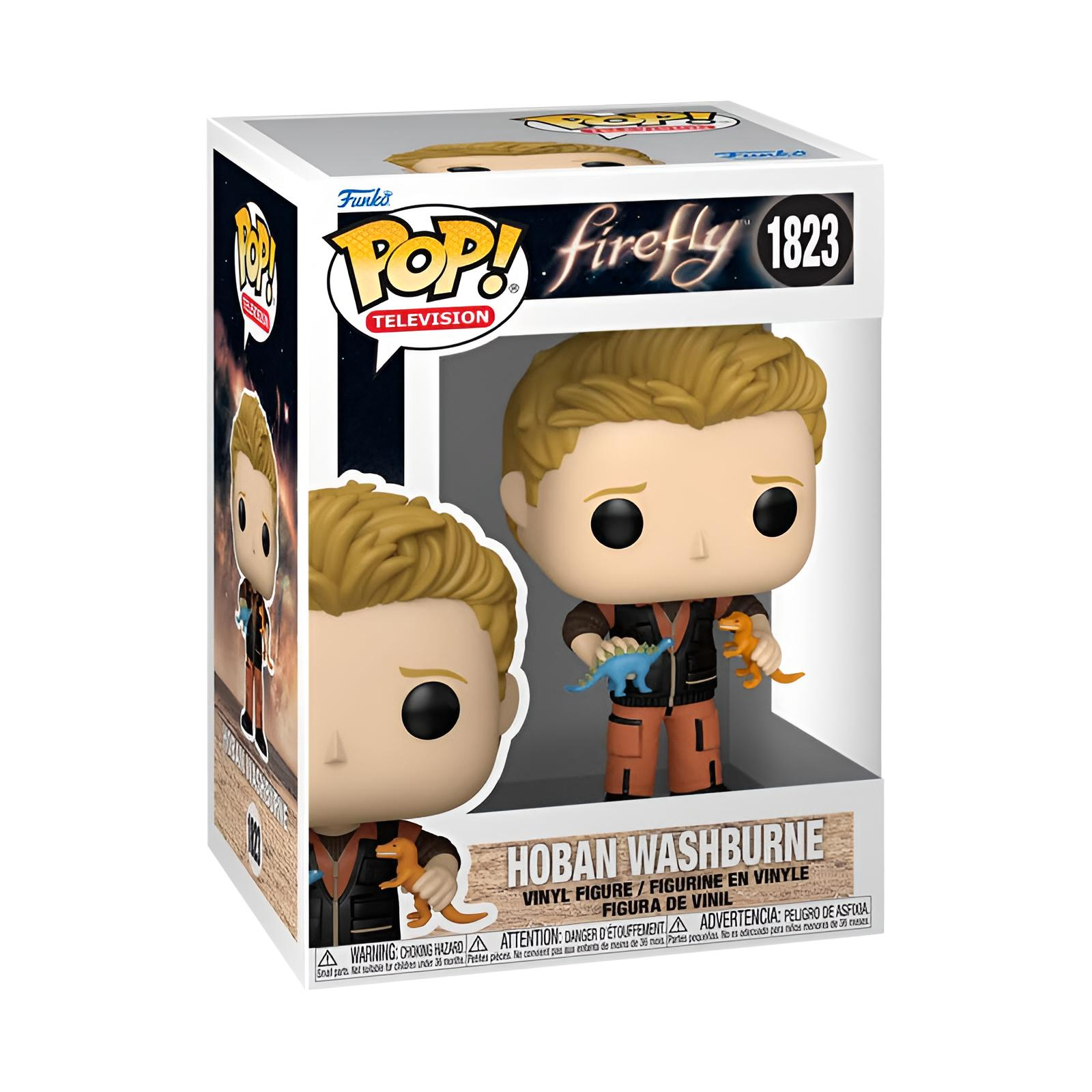 Funko Pop! Vinylfigur von Hoban Washburne aus Firefly, mit kleinen Spielzeugdinosauriern in den Händen.