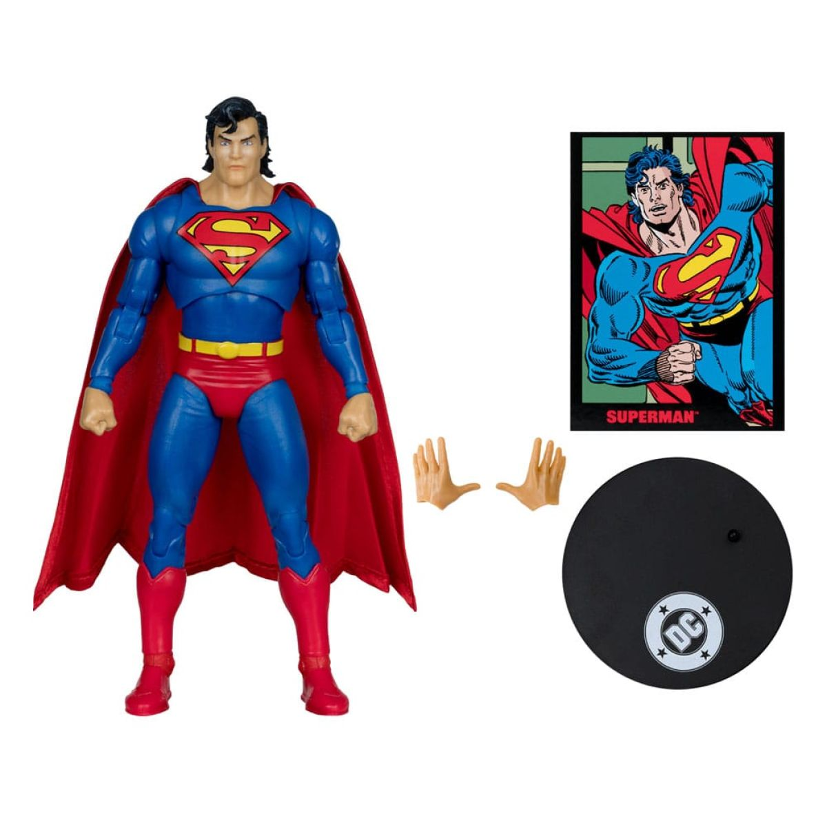 Figura de acción de Superman con capa roja, tarjeta coleccionable, manos intercambiables y base negra.