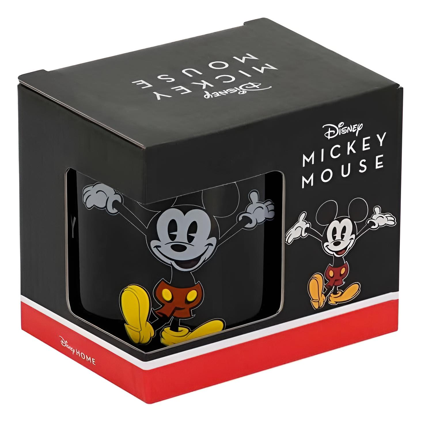 Eine schwarze Disney Mickey Mouse Tasse in einer schwarz-roten Geschenkbox.
