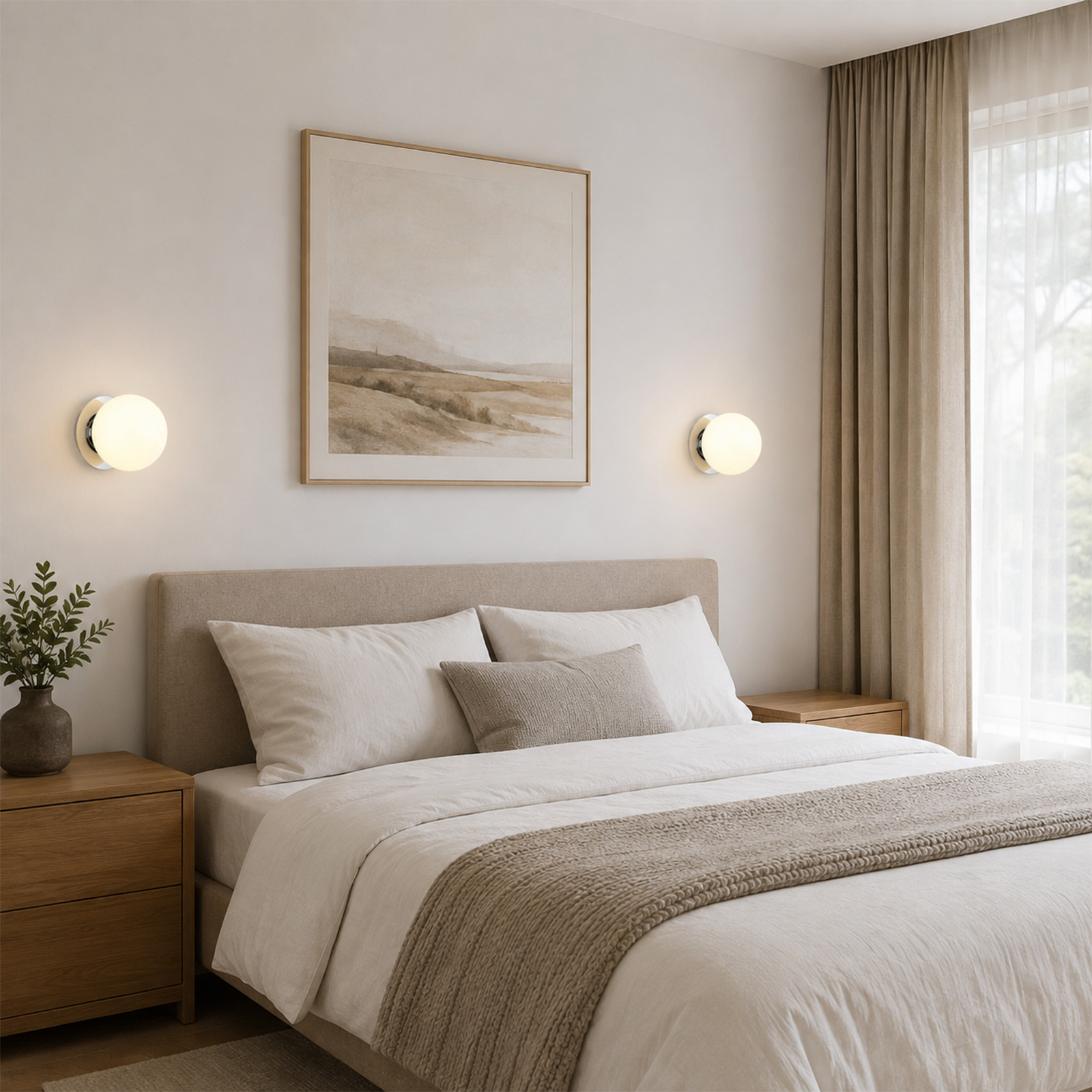 Un dormitorio acogedor con cama beige, apliques redondos, cuadro de paisaje y cortinas.