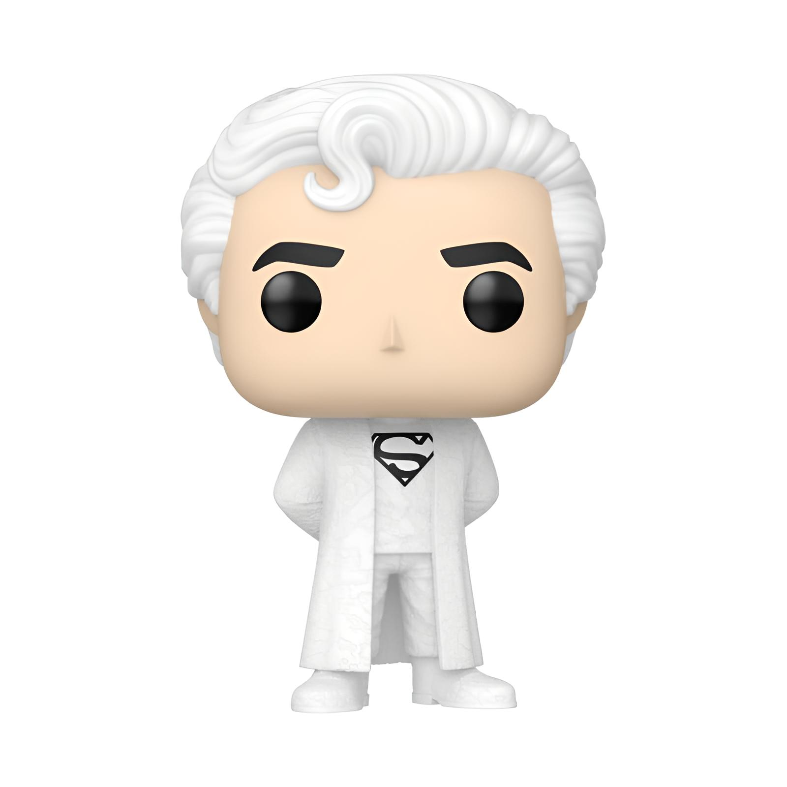 Una figura Funko Pop blanca de Superman con traje y logo negro sobre fondo blanco.