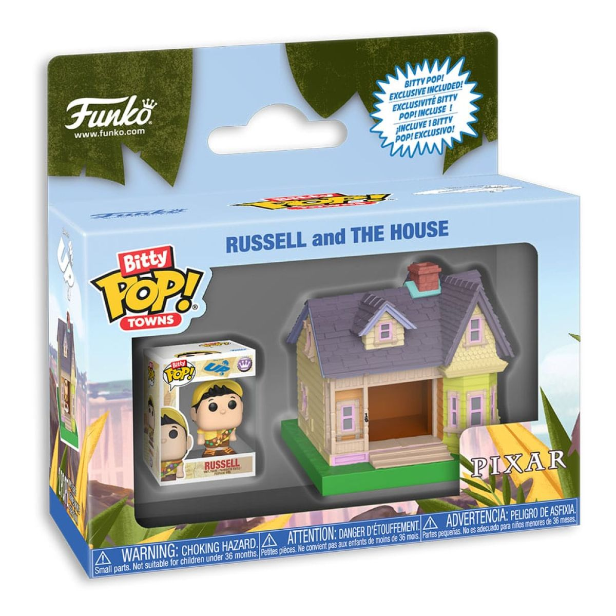 Set Funko Bitty Pop Town con la casa de Russell y una pequeña figura de Russell en su caja.