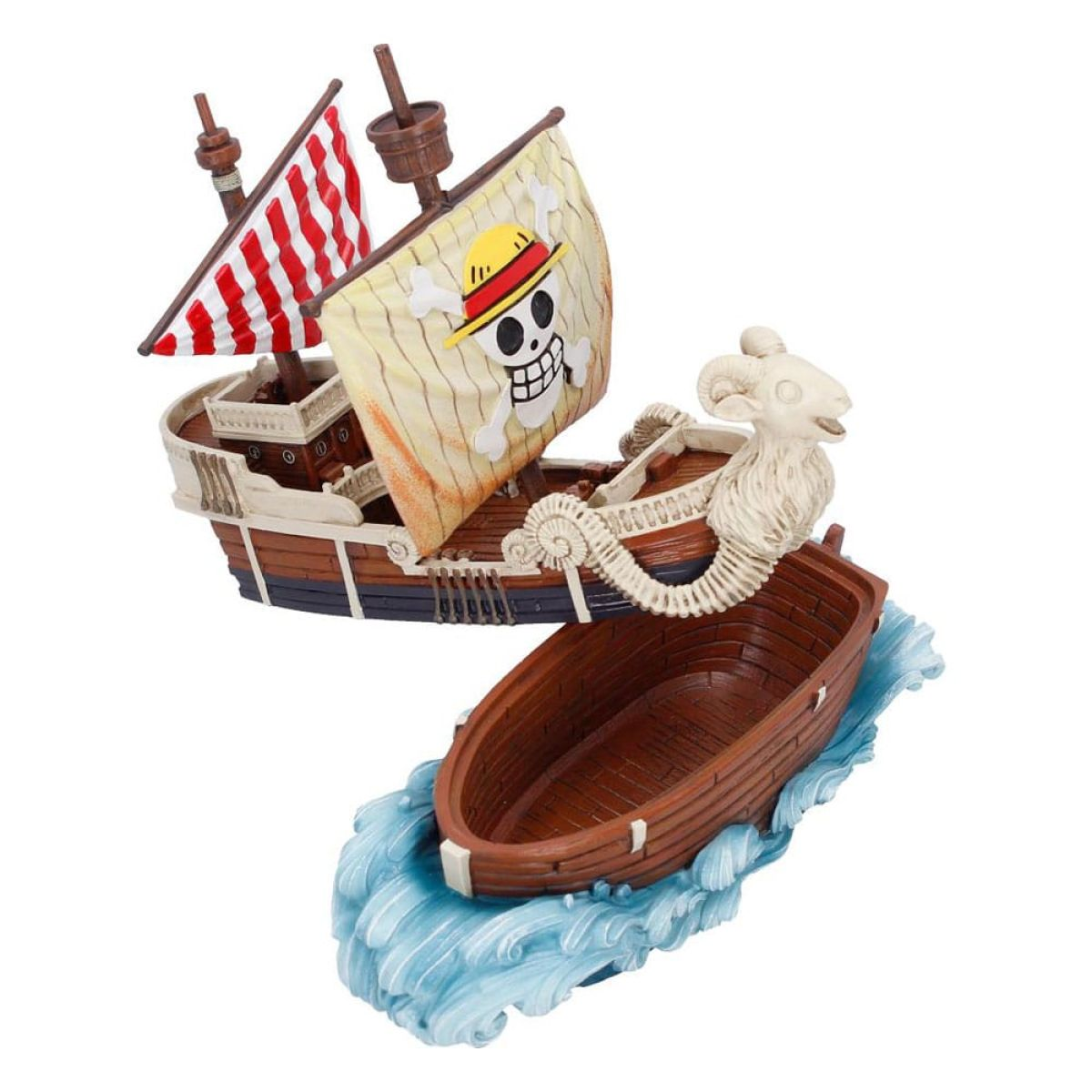 Modelo del barco pirata Going Merry con cabeza de carnero, velas y casco desmontable.