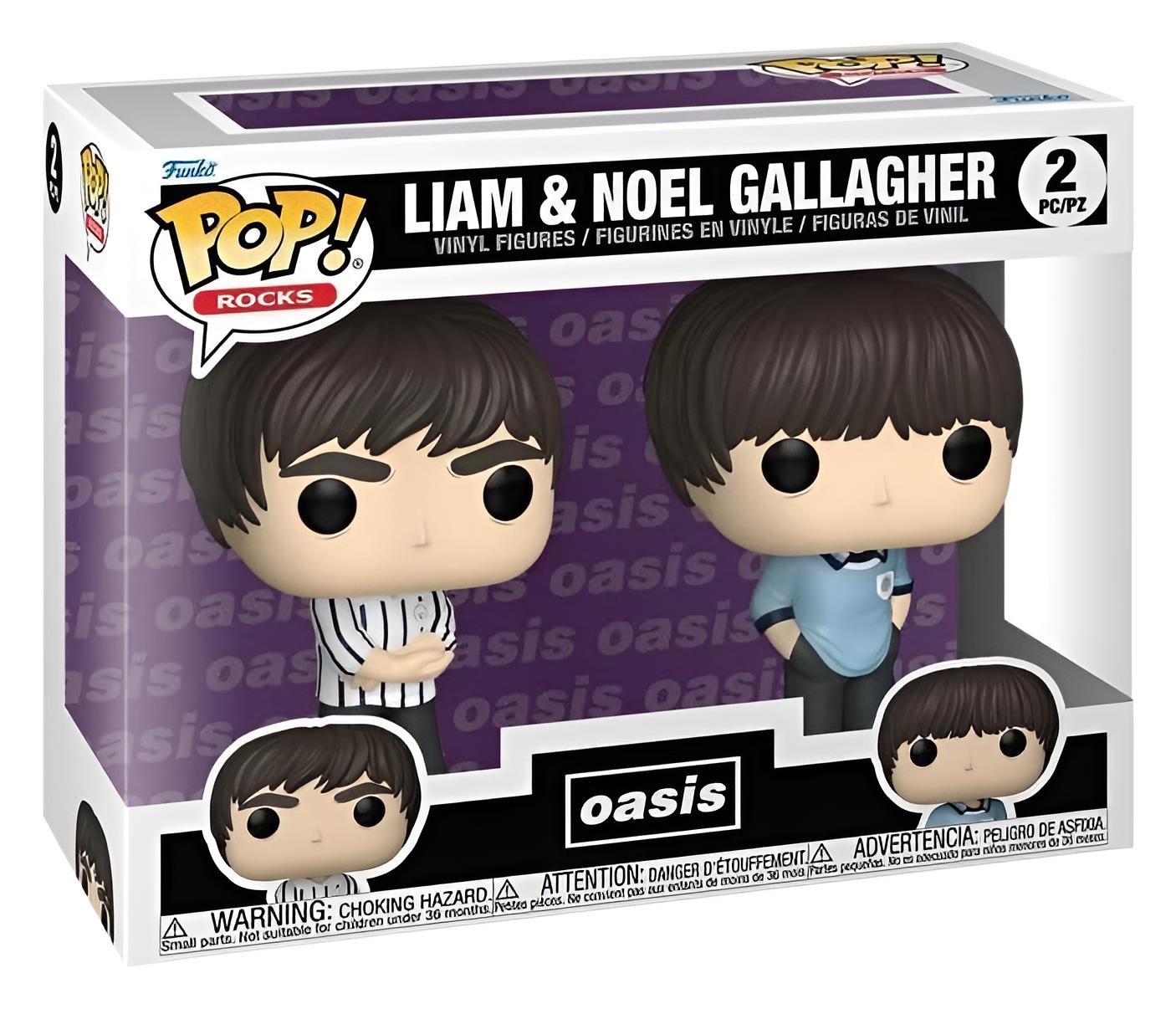 Confezione da 2 Funko Pop Rocks con Liam e Noel Gallagher in una scatola viola e bianca.