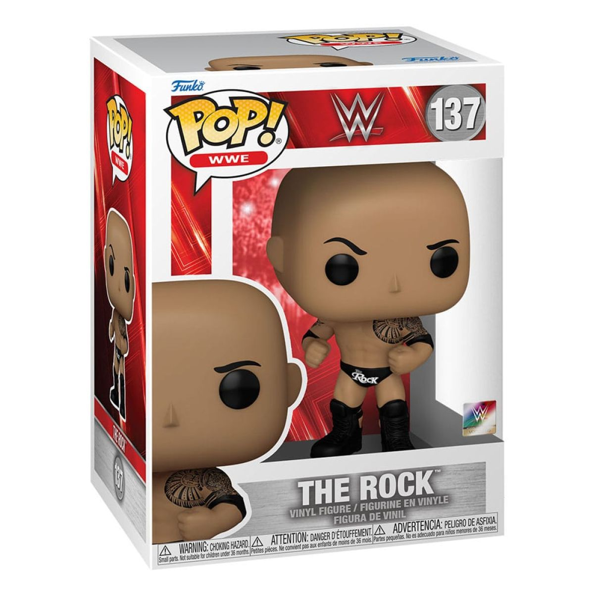 Figura coleccionable Funko Pop de WWE The Rock en caja con bañador negro.