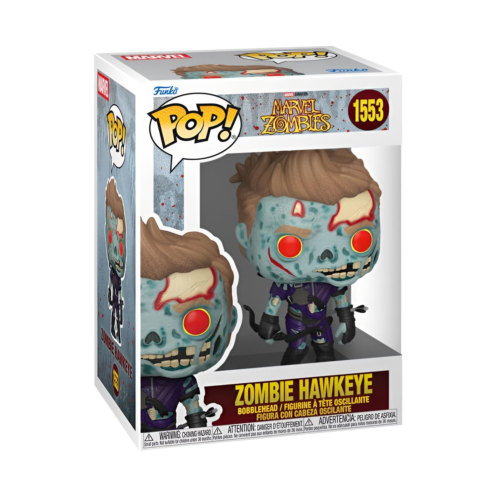 Figura Funko Pop de Zombie Hawkeye de Marvel Zombies en su caja.