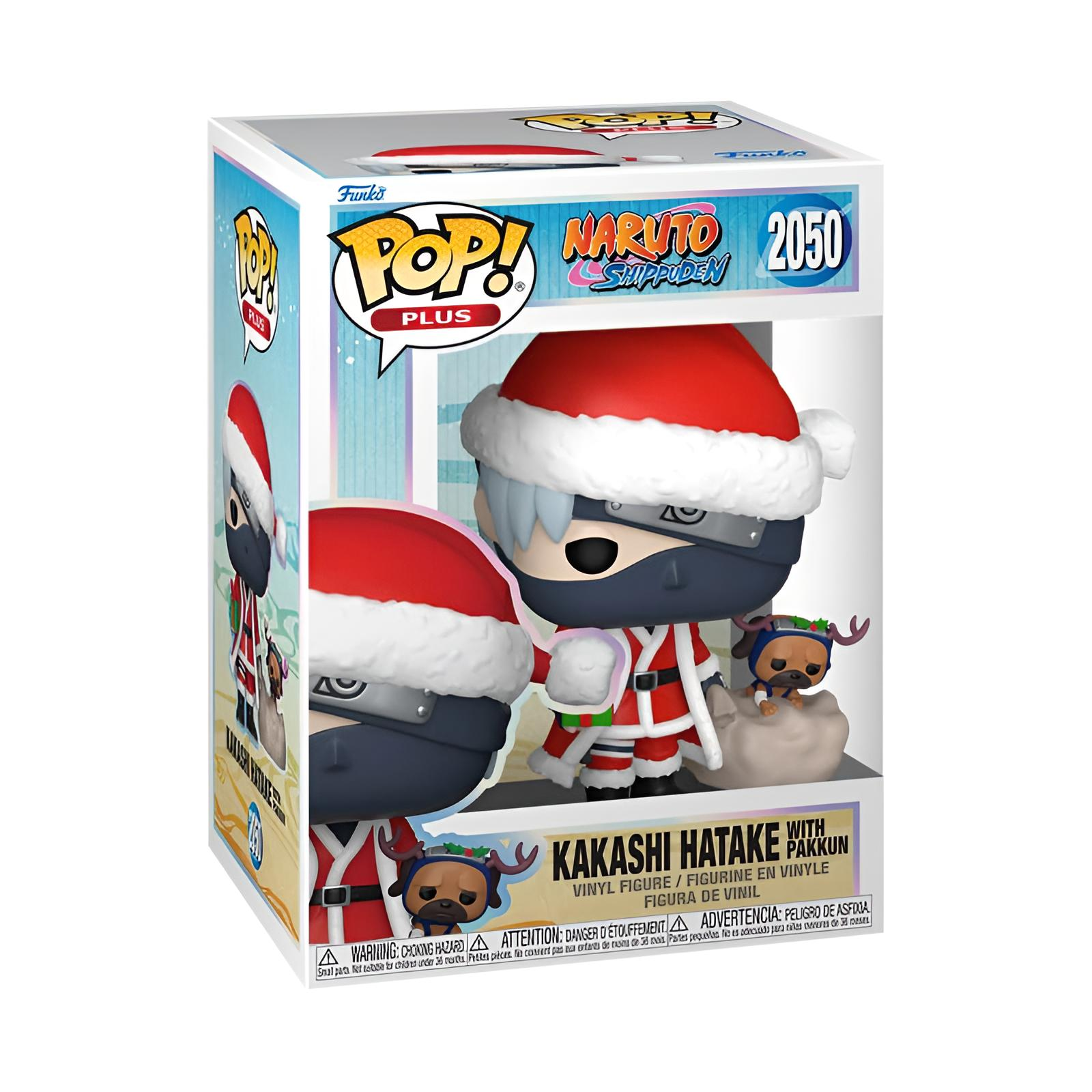 Figura Funko Pop de Kakashi Hatake con traje de Papá Noel y Pakkun, en caja con ventana.