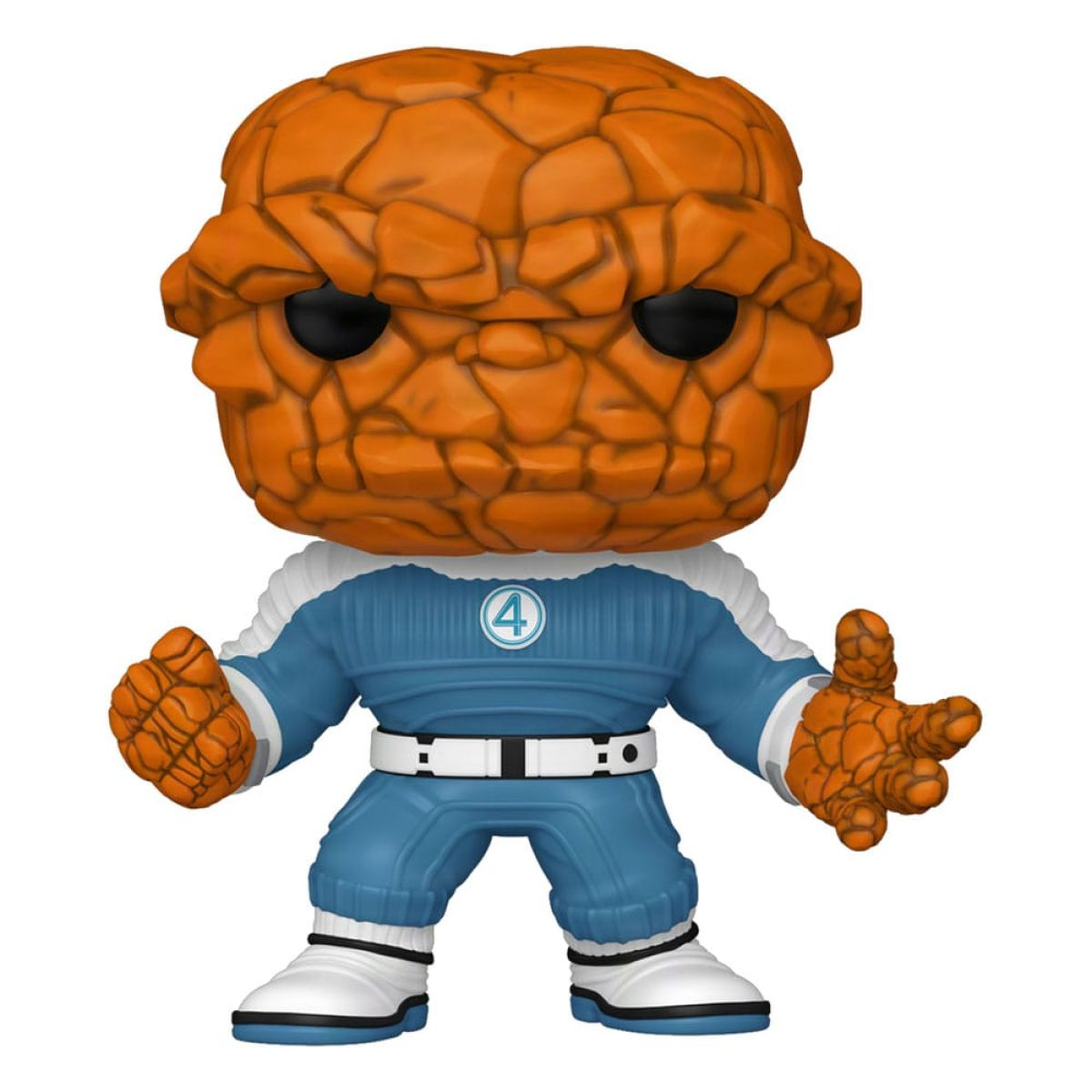 Funko Pop Figur des "Ding" aus den Fantastischen Vier mit blau-weißem Anzug.
