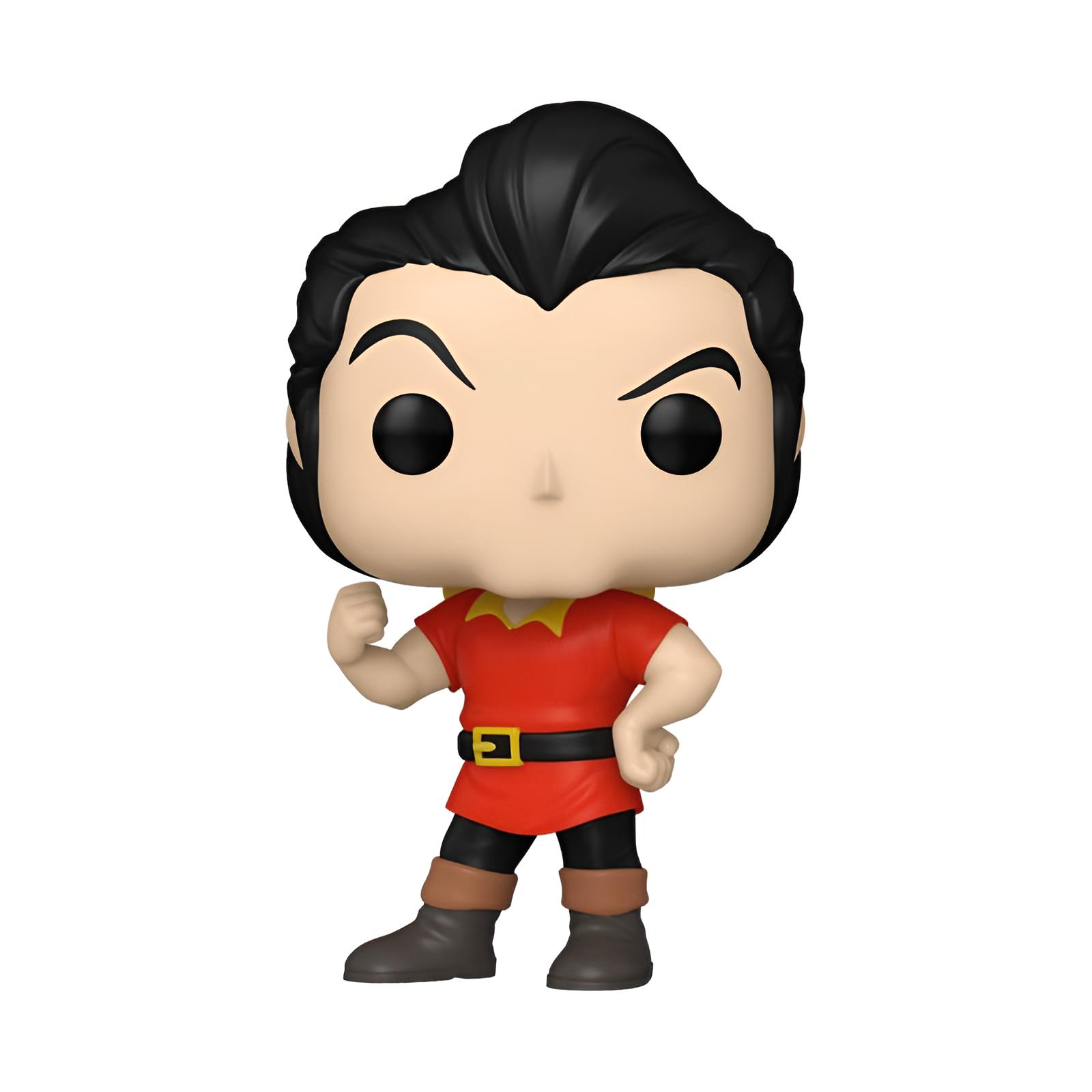 Figura Funko Pop przedstawiająca Gastona z czarnymi włosami, czerwoną koszulą, czarnym pasem i brązowymi butami.