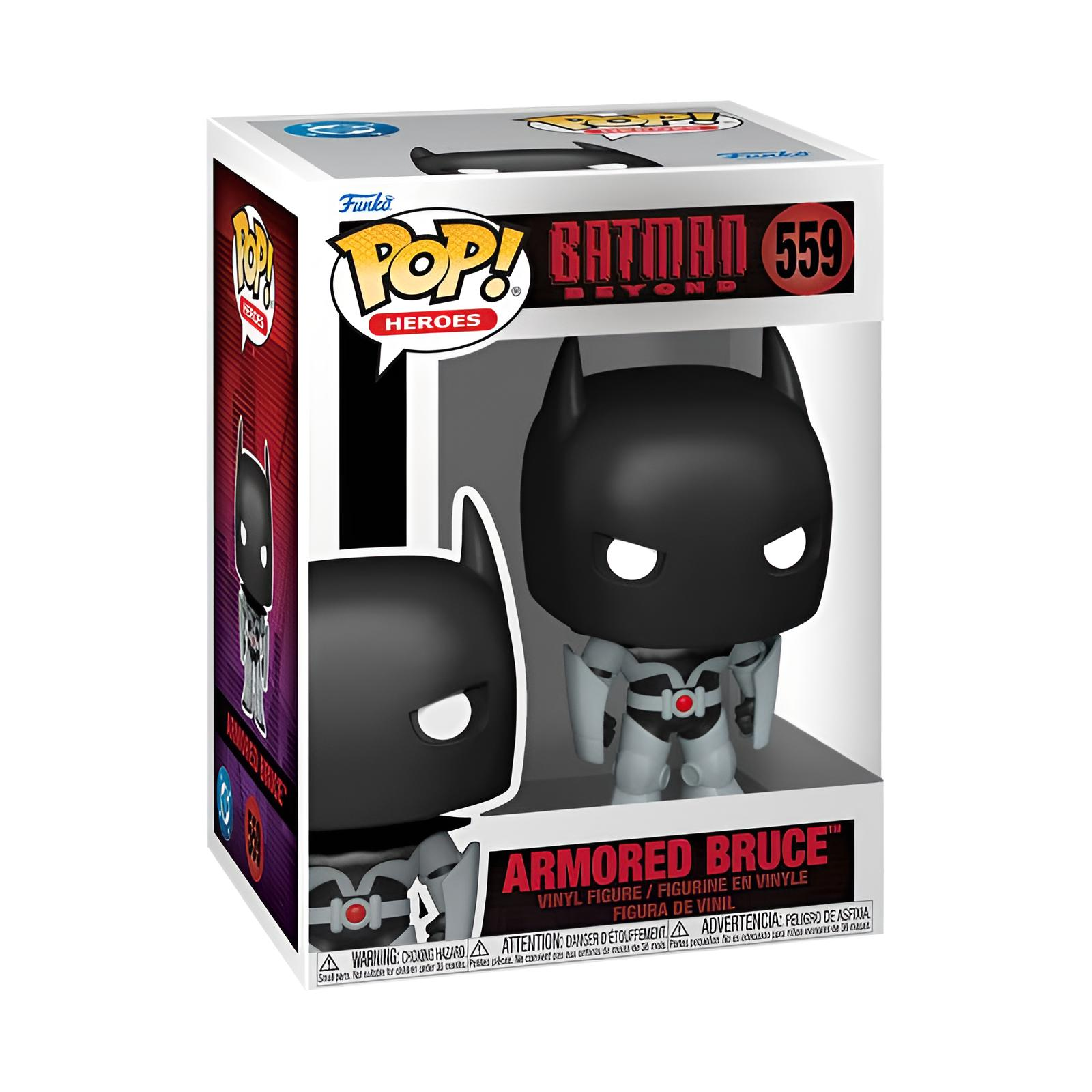 Figura de vinilo Pop de Armored Bruce Batman Beyond en su caja.