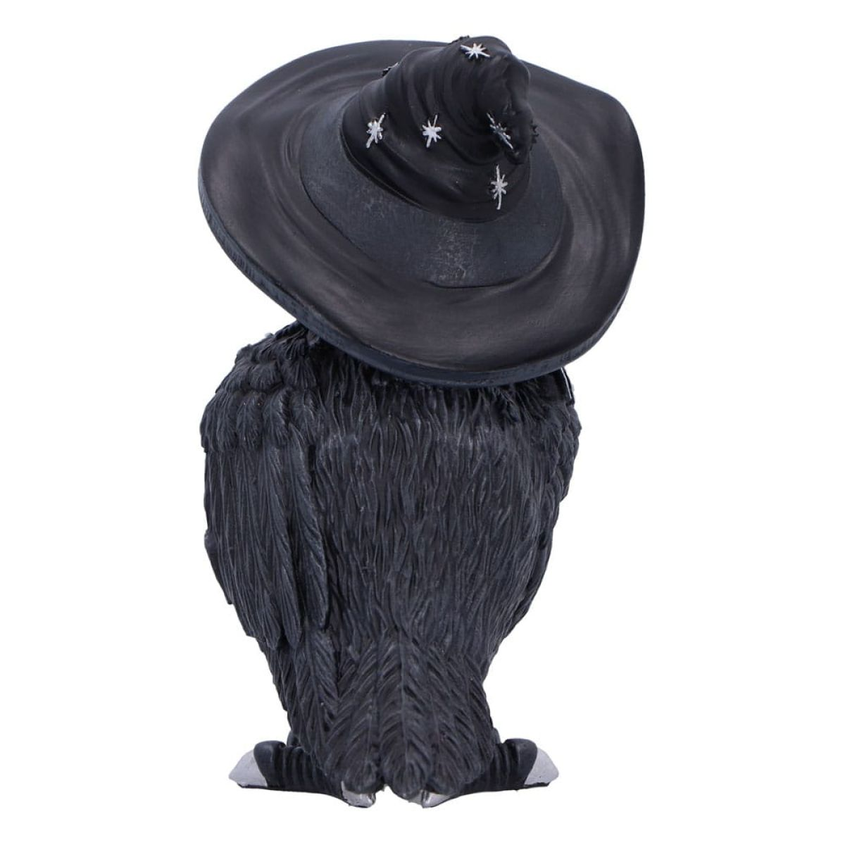 Eine schwarze Eule mit einem Hexenhut voller weißer Sterne auf weißem Hintergrund.