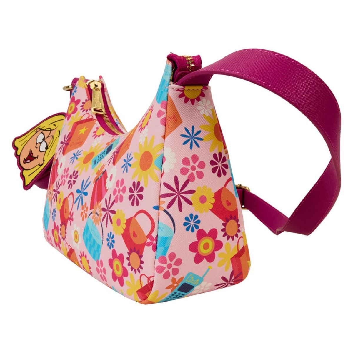 Bolso rosa con flores coloridas, bolsos y teléfonos móviles, con una correa ancha.