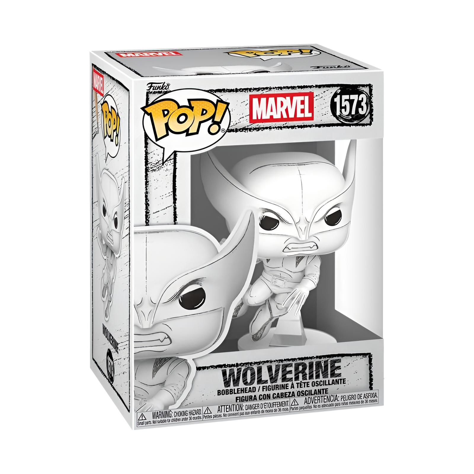 Eine weiß-schwarze Funko Pop Figur von Wolverine im Sketch-Design in seiner Originalverpackung.