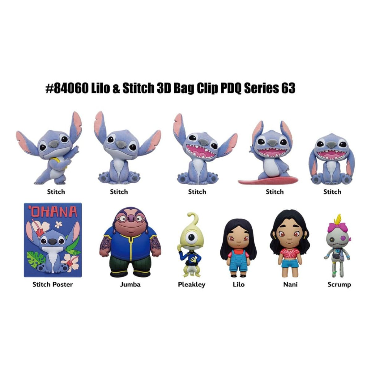 Clip de bolso 3D Lilo & Stitch Serie 63 que muestra varias figuras como Stitch, Jumba, Lilo y Scrump.