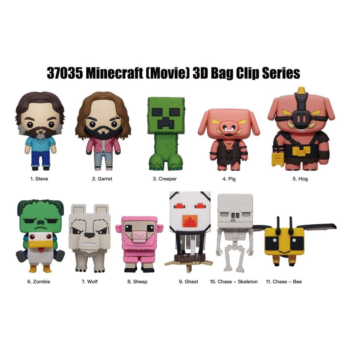 Minecraft Film 3D Taschenclip Serie mit elf Figuren wie Steve, Creeper und Schwein auf weißem Hintergrund.