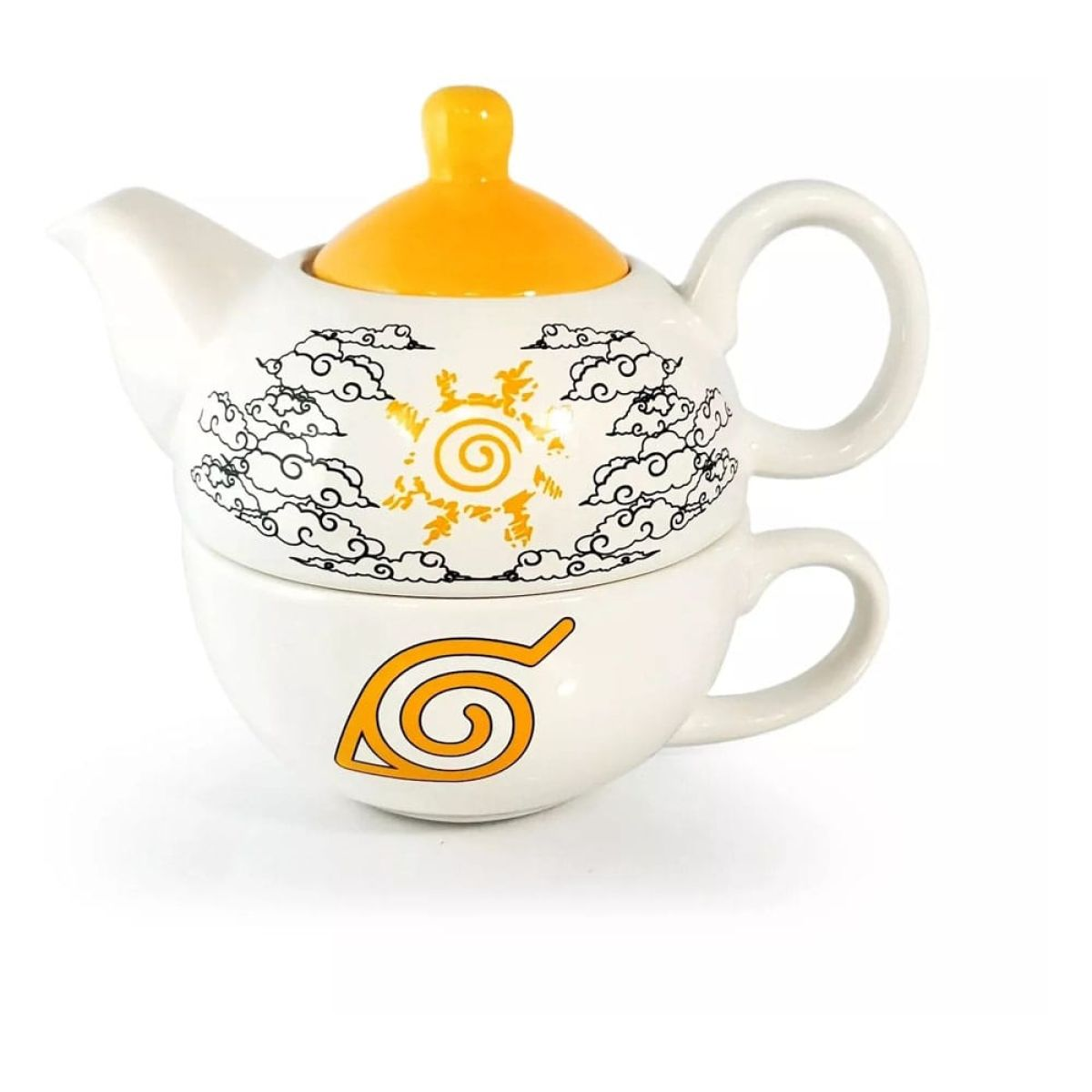 Ein weißes Teetasse-Set mit gelbem Deckel, Sonnenmotiv, Wolken und Blattsymbol auf weißem Hintergrund.
