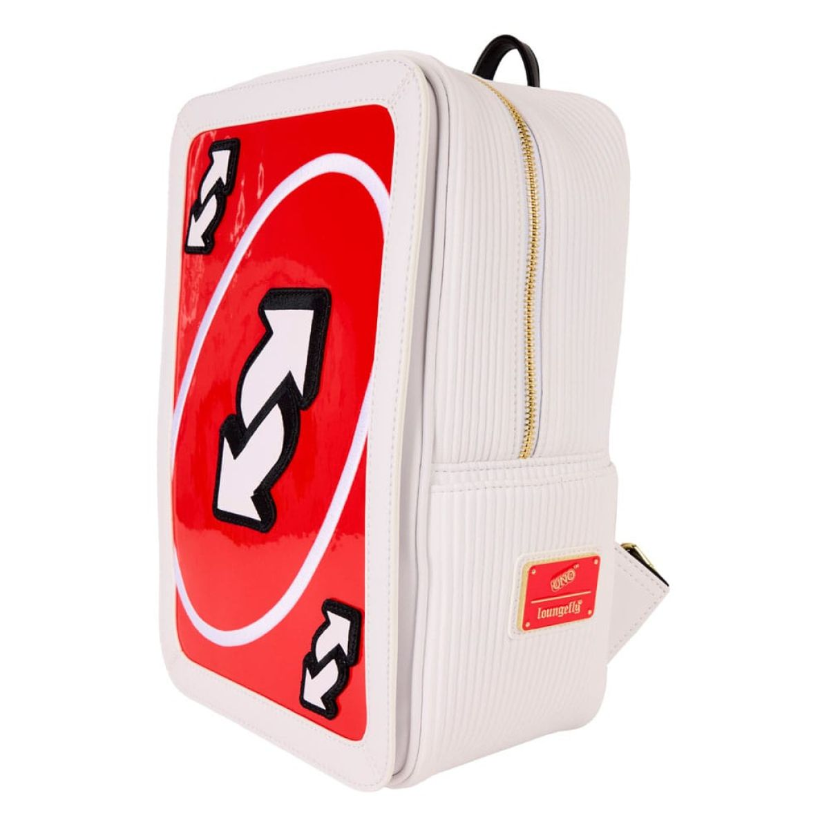 Mochila blanca con gráfico de carta Uno al revés en el frente, flechas blancas y cremallera dorada.