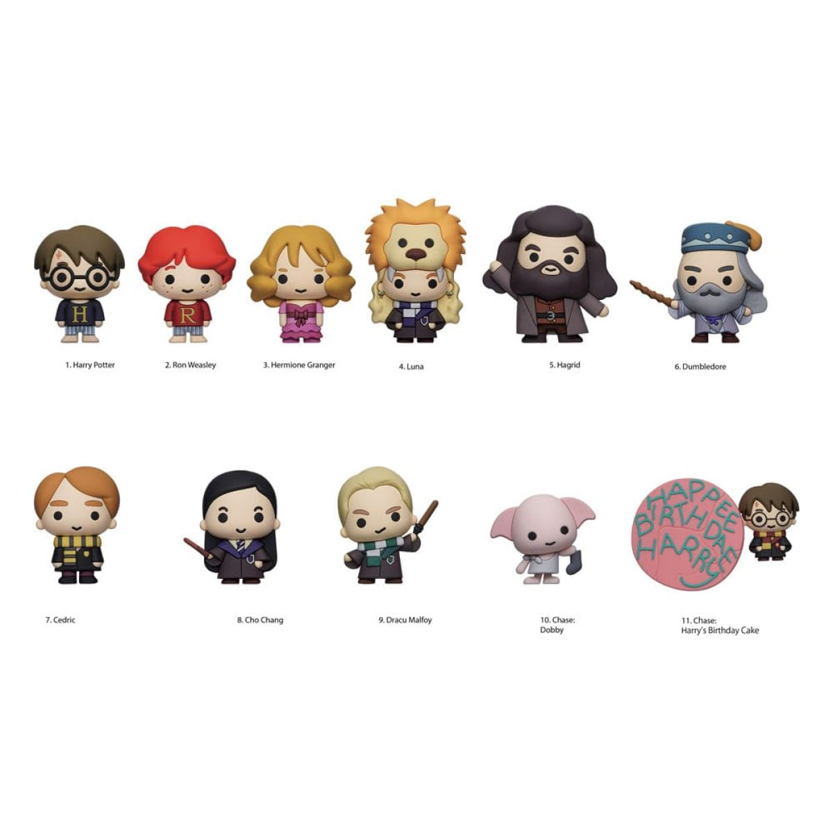 Once pequeñas figuras coleccionables de Harry Potter dispuestas en dos filas sobre fondo blanco.