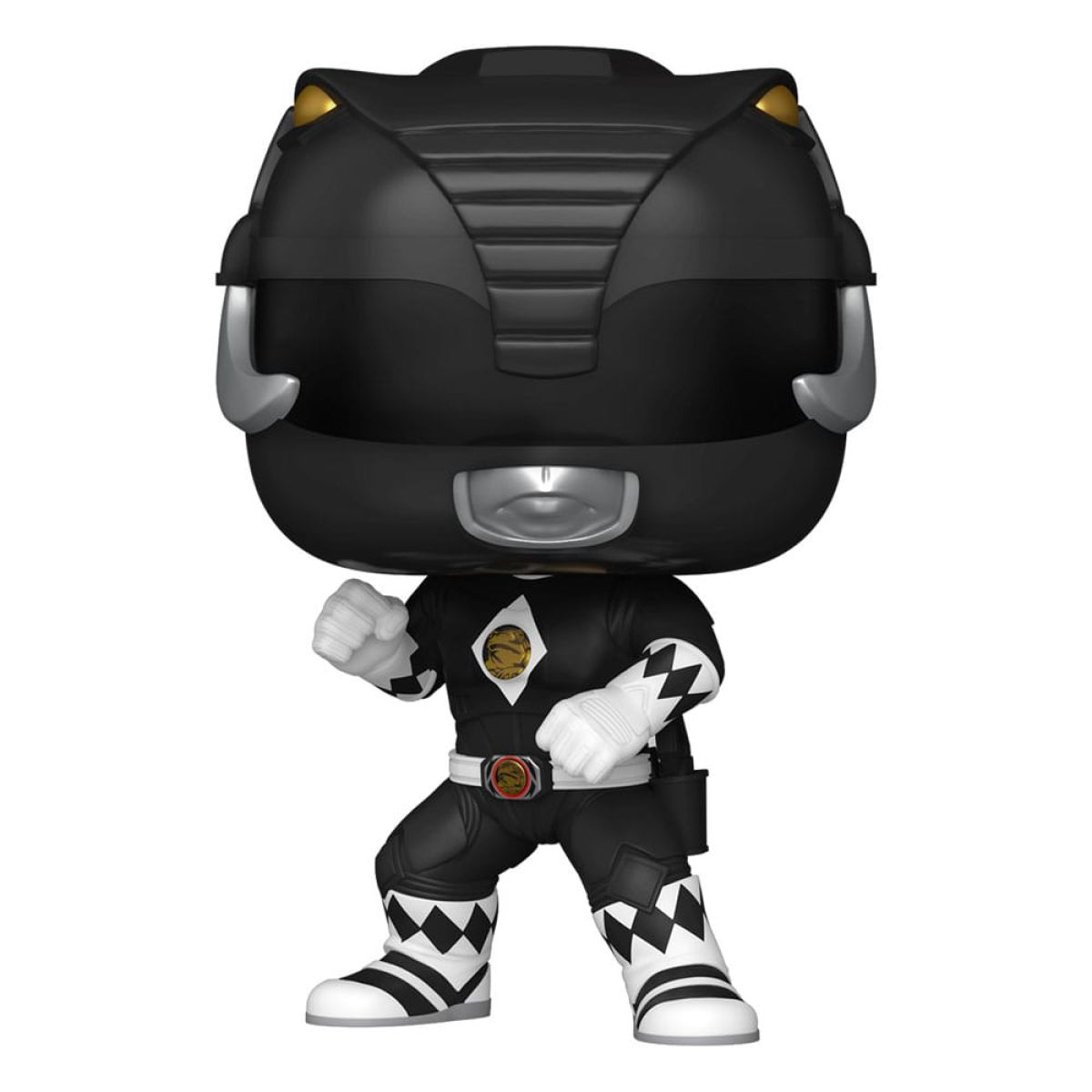 Una figura Funko Pop de Power Ranger negro con casco de mastodonte y traje blanco y negro.