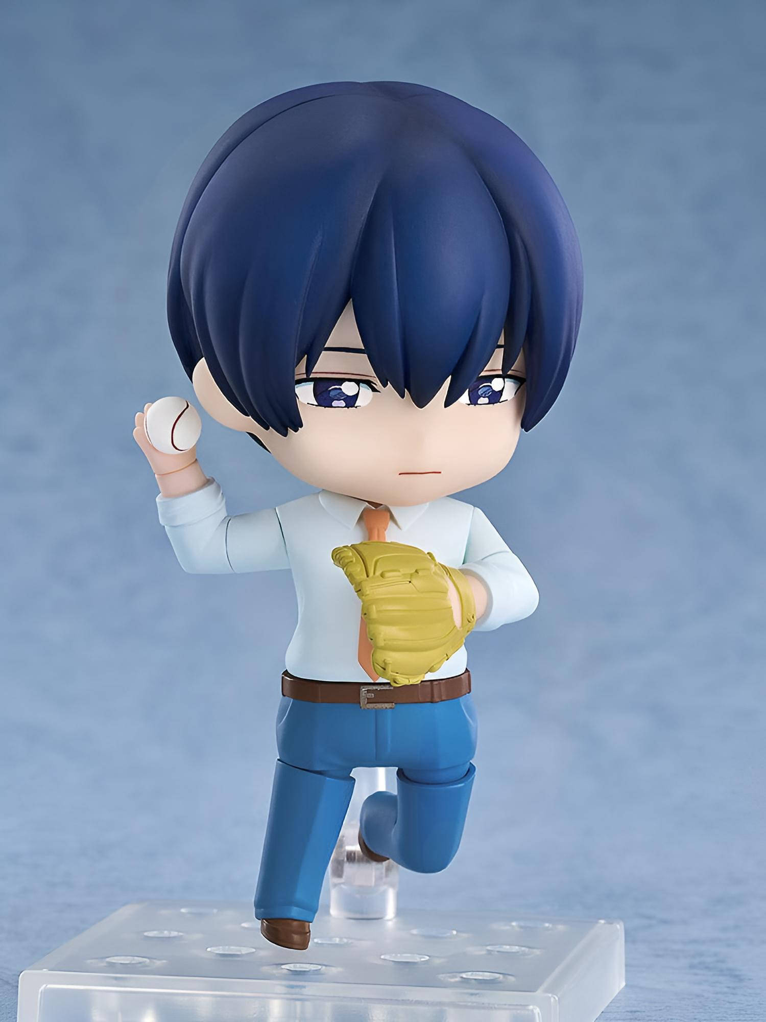 Eine Chiptune-Anime-Figur mit blauen Haaren trägt ein weißes Hemd, blaue Hose, hält einen Baseball und Handschuh.