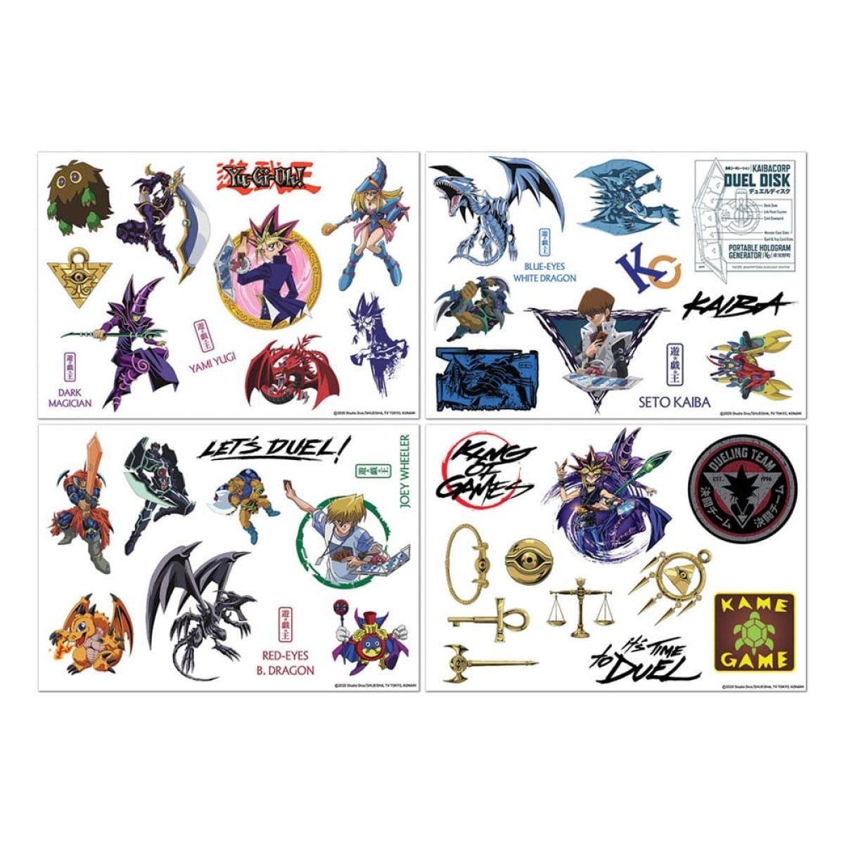Ein Bogen Yu-Gi-Oh! Tattoos mit verschiedenen Charakteren, Monstern und Symbolen.