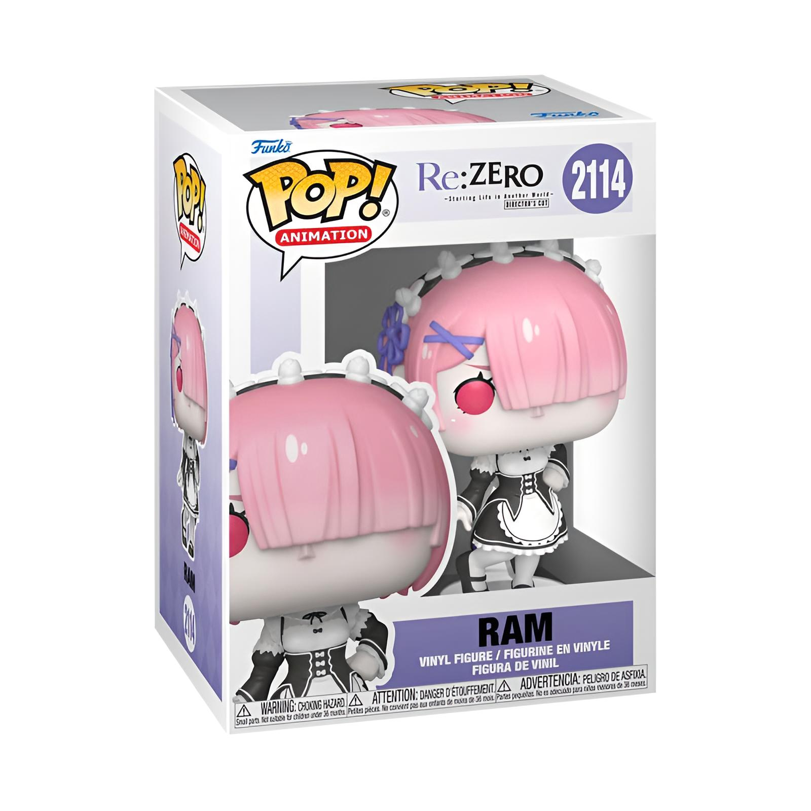 Eine Funko Pop Figur von Ram aus Re:Zero in einer Verpackung mit Sichtfenster und Re:Zero-Logo.
