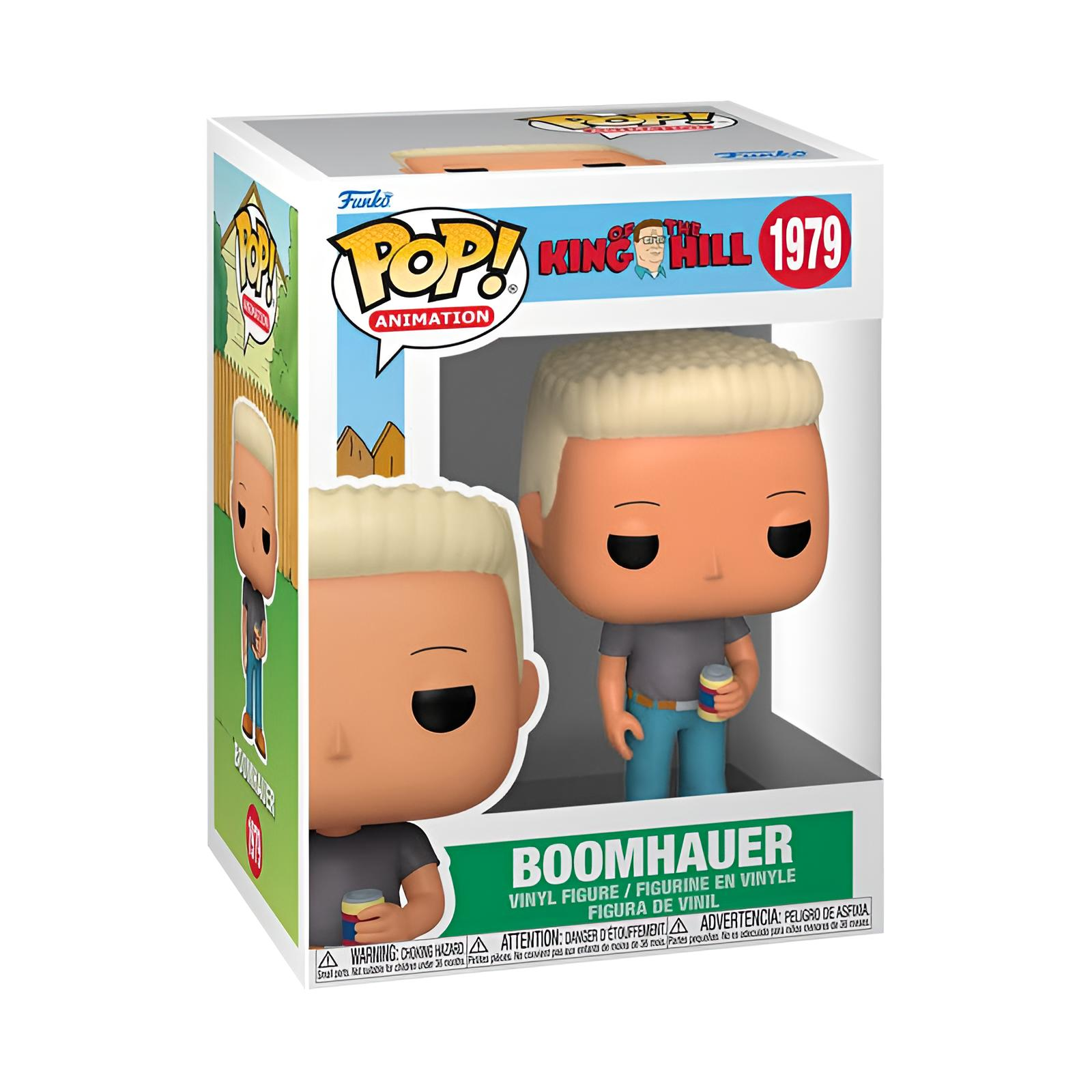 Una figura Funko Pop de Boomhauer en caja, con cabello rubio, camisa gris y jeans azules.