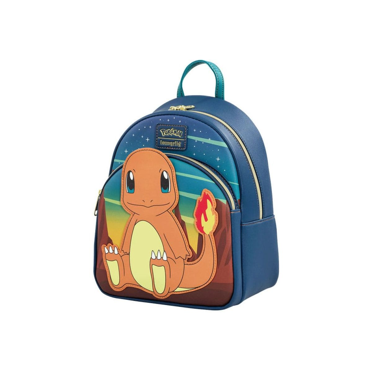 Mochila pequeña Loungefly azul con gráfico de Charmander que brilla en la oscuridad y cremalleras doradas.